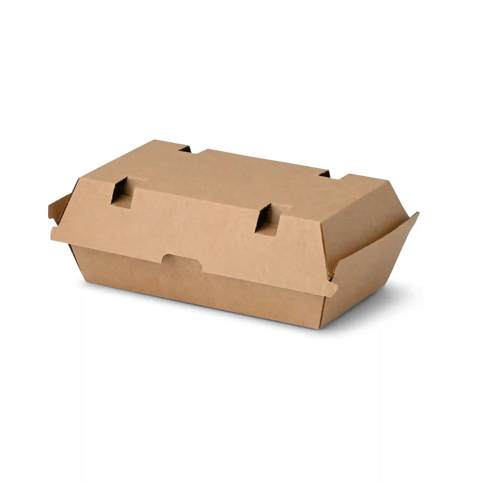 Boîte alimentaire en carton brun avec couvercle à charnière, mesurant 24,8 x 13 x 7,5 cm, de forme rectangulaire.