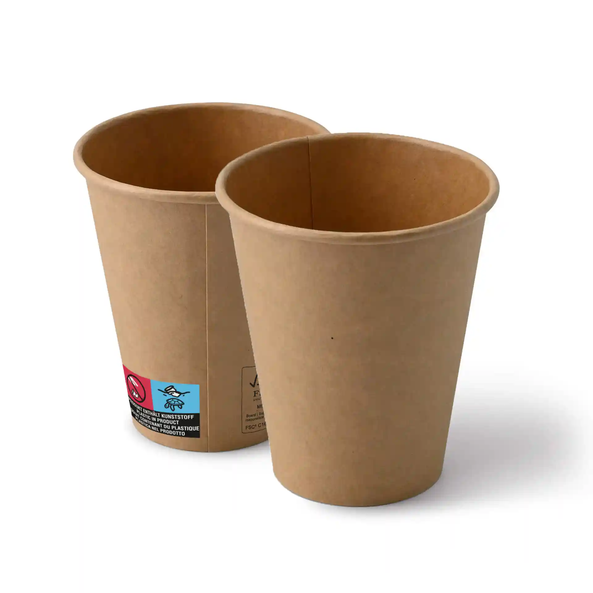 Gobelets en papier marron de forme ronde, montrant deux gobelets empilés avec des surfaces intérieures et extérieures visibles.