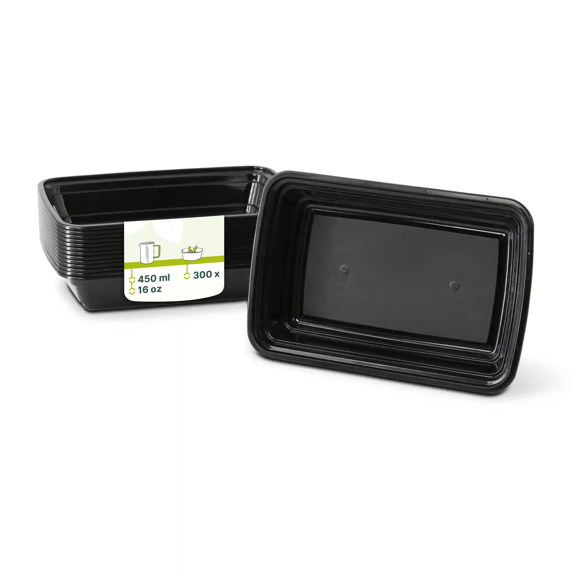 Conteneur rectangulaire réutilisable noir d'une capacité de 450 ml, présenté avec une étiquette et un autre conteneur à côté.