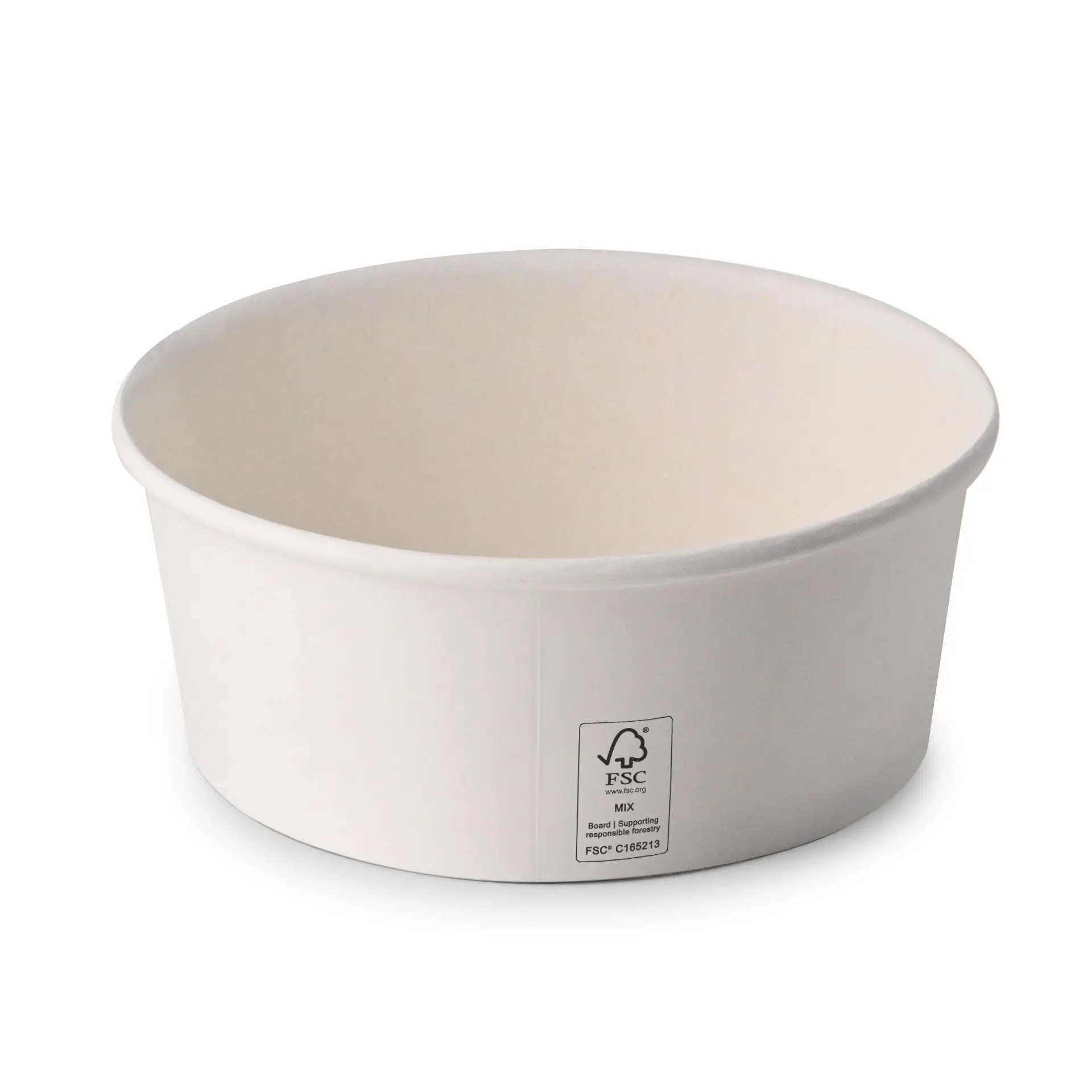 Un bol en papier blanc, rond, avec un revêtement en PE ; adapté aux plats chauds et froids, idéal pour les plats à emporter.