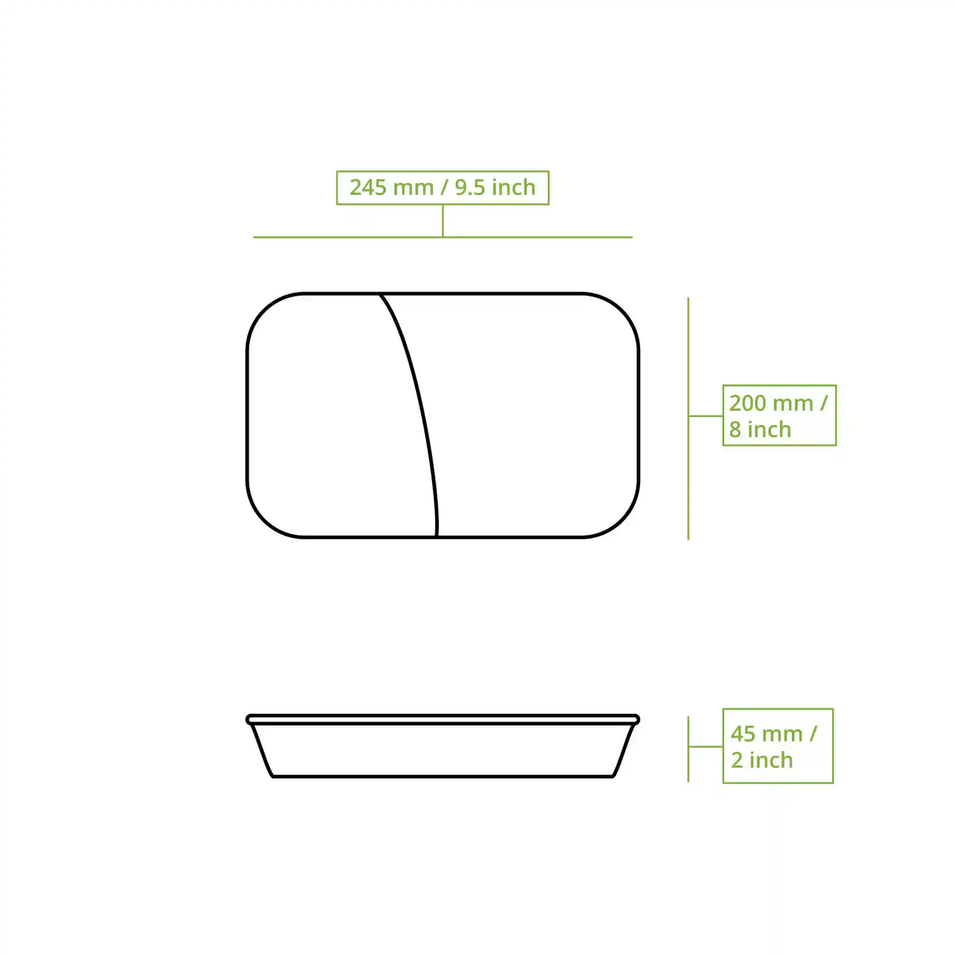 Dessin schématique d'un contenant de repas réutilisable avec deux compartiments, dimensions de 245 mm par 200 mm par 45 mm.