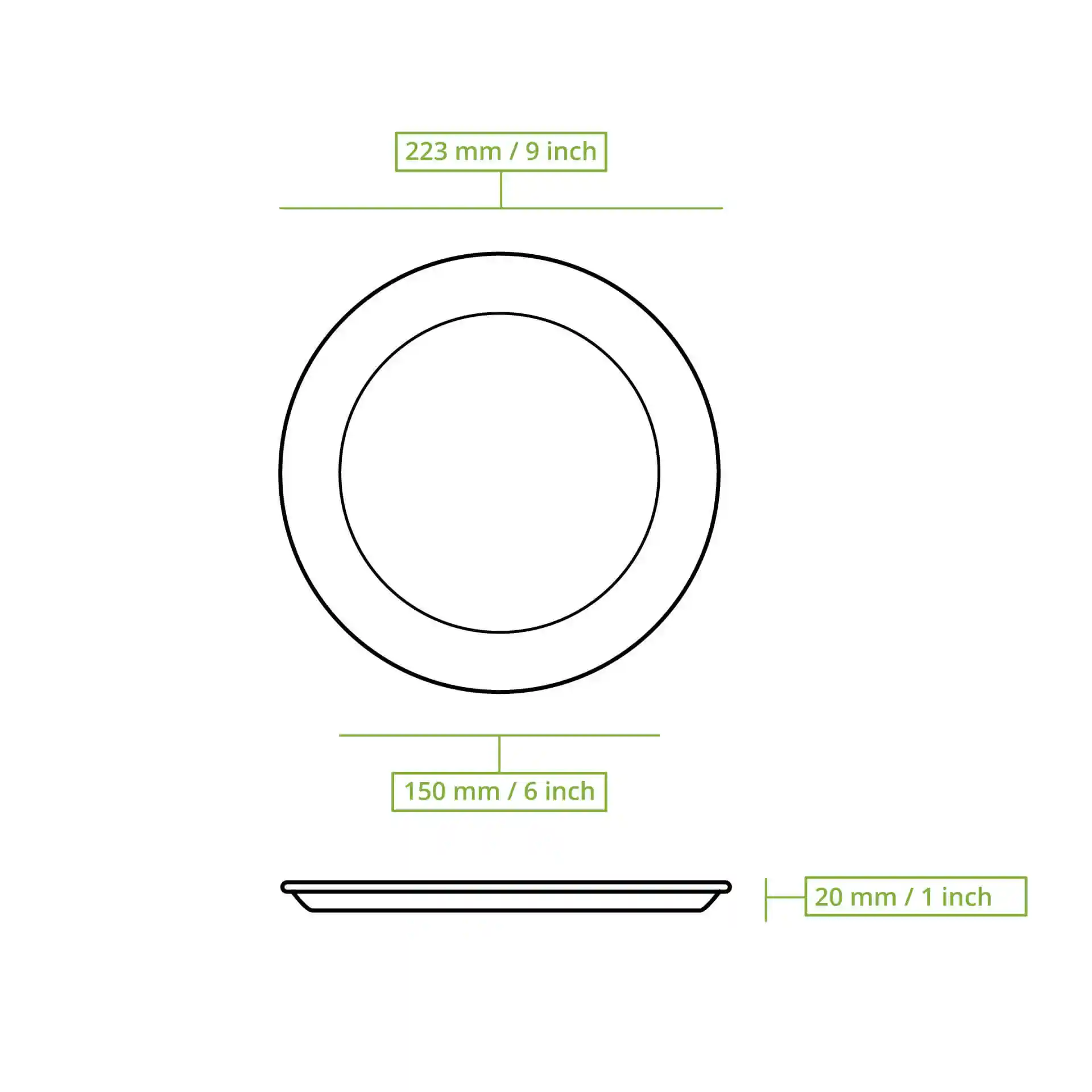 Dessin schématique d'une assiette ronde en canne à sucre avec des dimensions : 223 mm de diamètre et 20 mm de hauteur.
