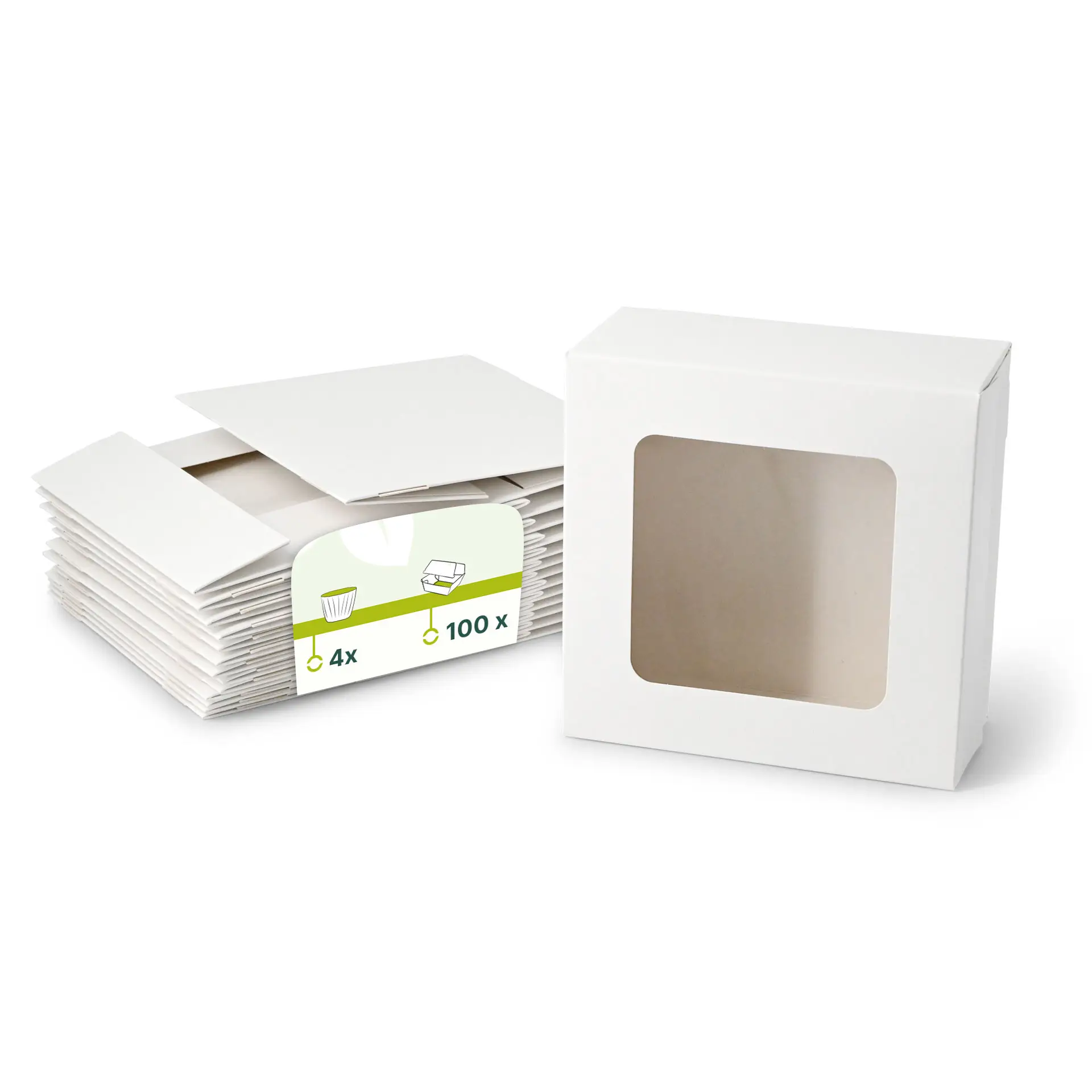 Boîtes à cupcakes blanches avec une fenêtre en cellulose, conçues pour contenir quatre articles, empilées avec une étiquette sur le côté.