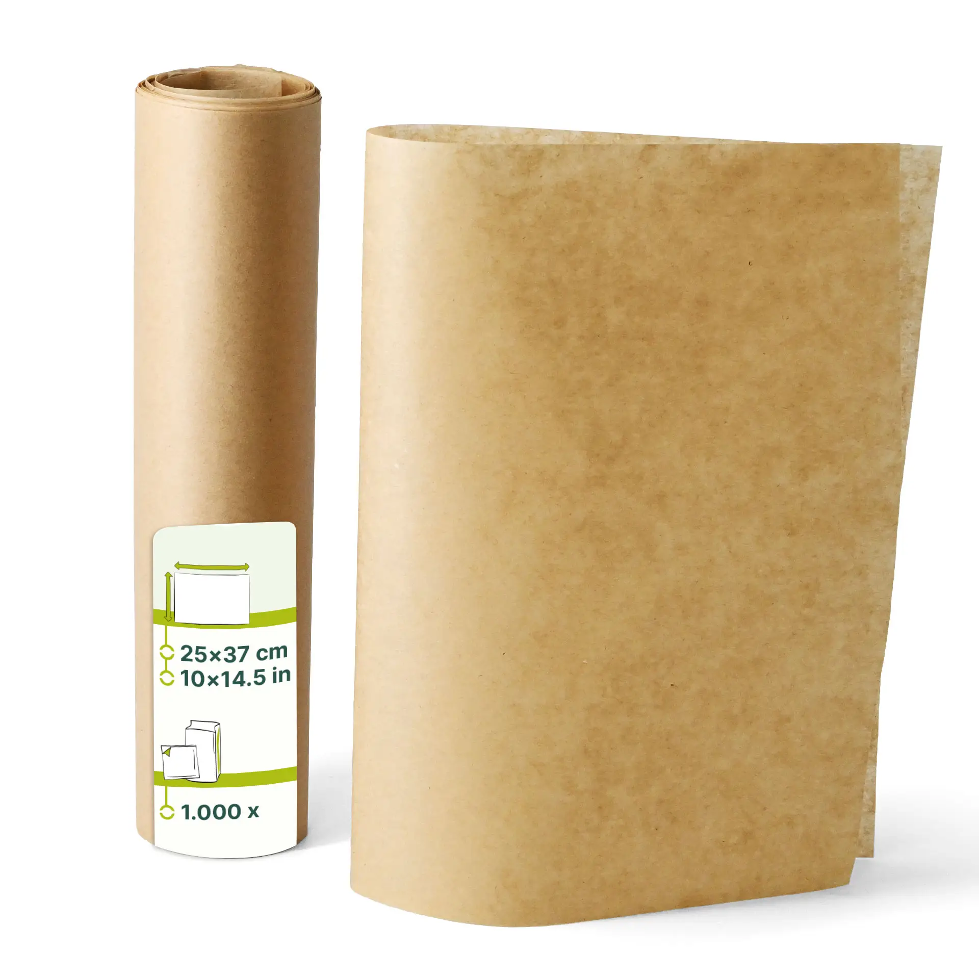 Papier kraft brun, prédécoupé à 25 x 37 cm, montré roulé et déplié, adapté pour aliments chauds et froids.