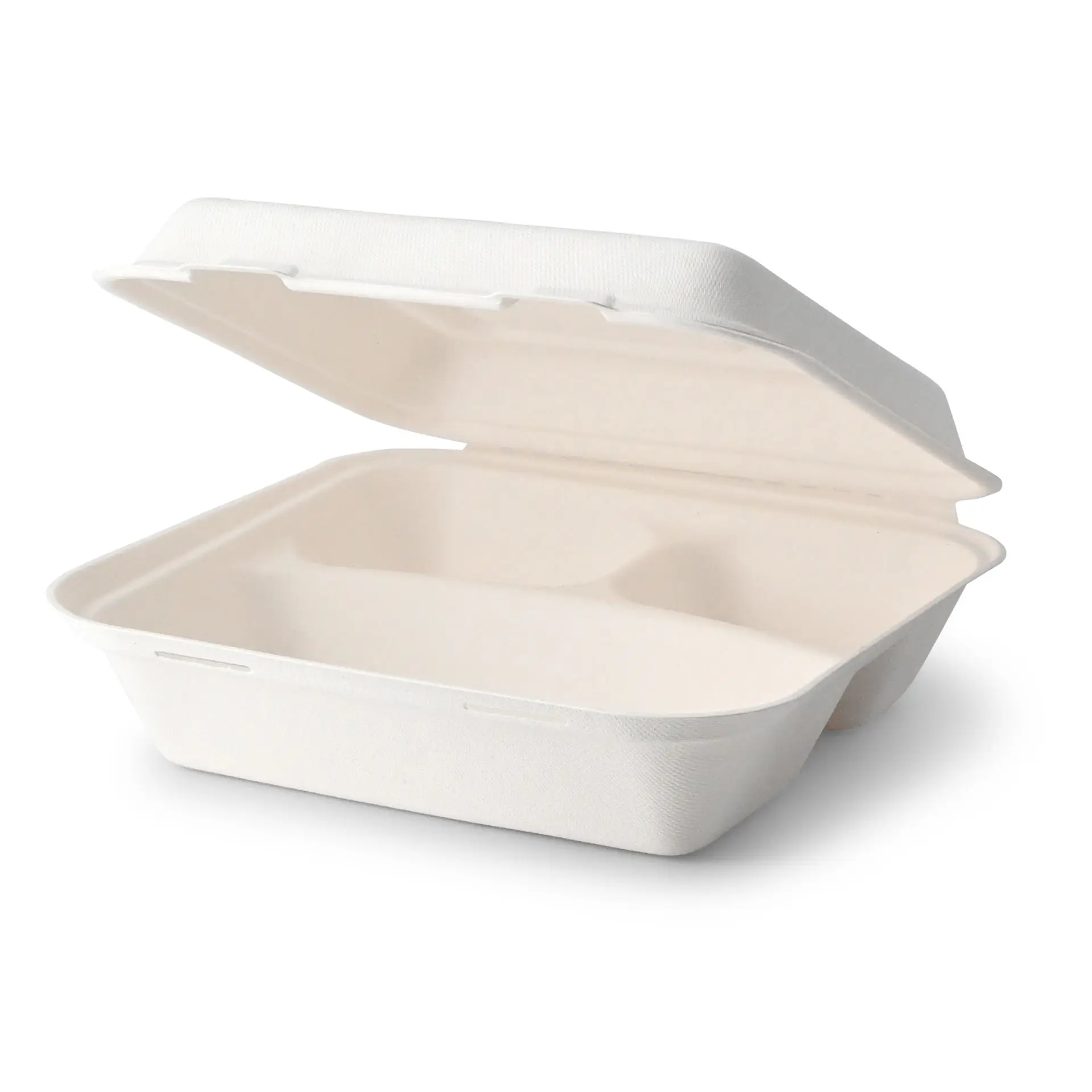 Boîte repas en bagasse, 23,5 x 23,5 x 8 cm, 3 compartiments, couvercle à charnière, rectangulaire
