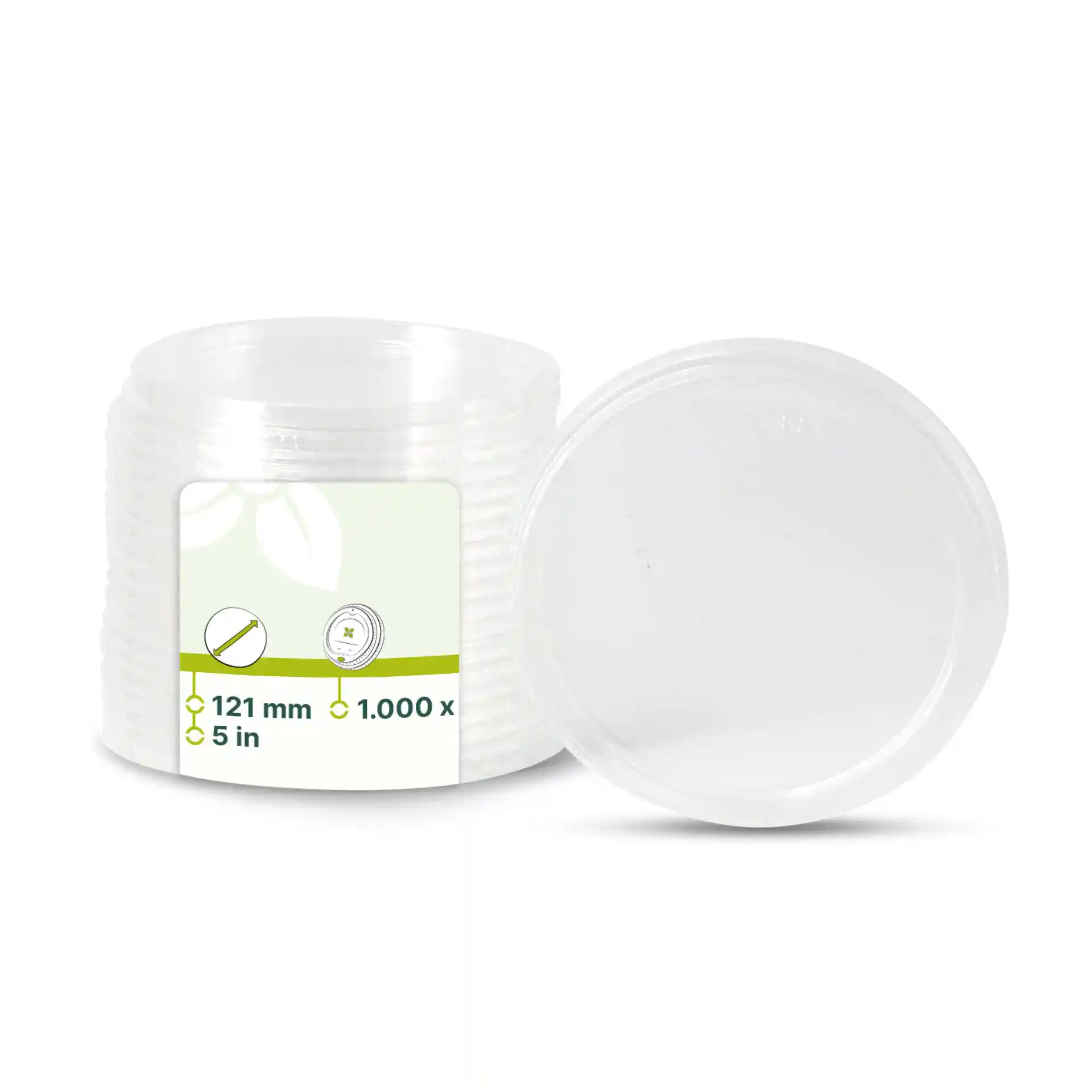 Couvercles ronds transparents en PLA pour gobelets, mesurant 121 mm de diamètre, empilés avec un couvercle dessus.