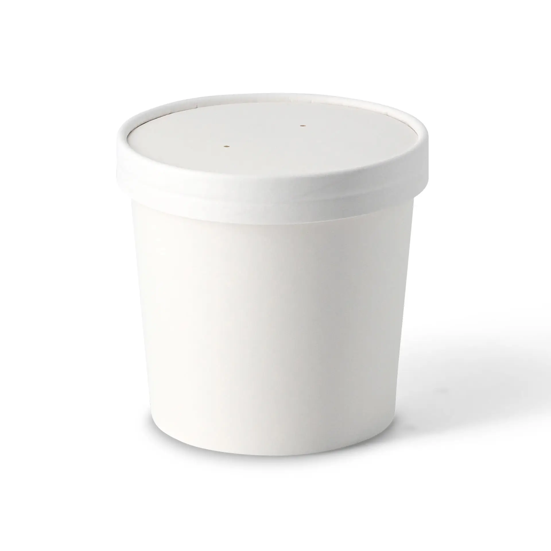Bol de soupe blanc à emporter en carton biodégradable, 16 oz, avec un revêtement PLA, design simple et couvercle scellé.