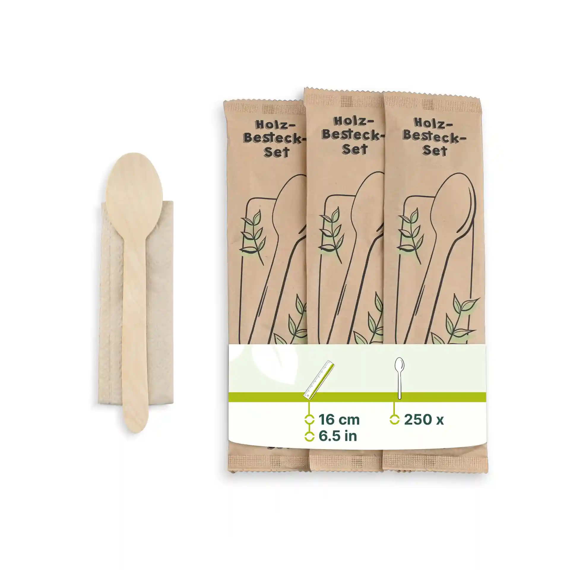 Ensemble de couverts en bois avec une cuillère et une serviette, emballé dans un sac brun avec des illustrations de feuilles.