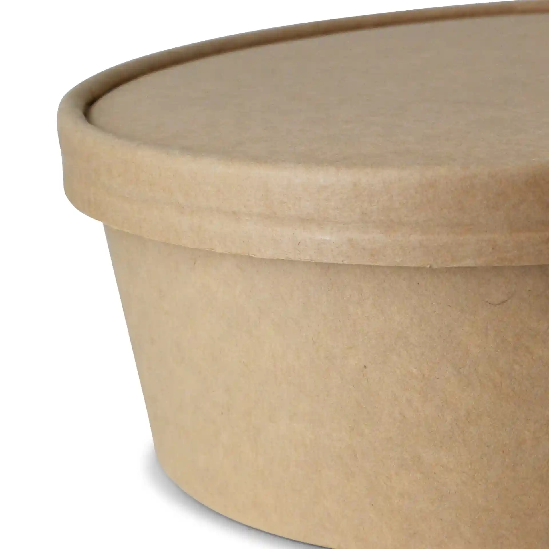 Conteneur rond en carton brun avec couvercle, mesurant 185 mm de diamètre et 16 mm de hauteur.