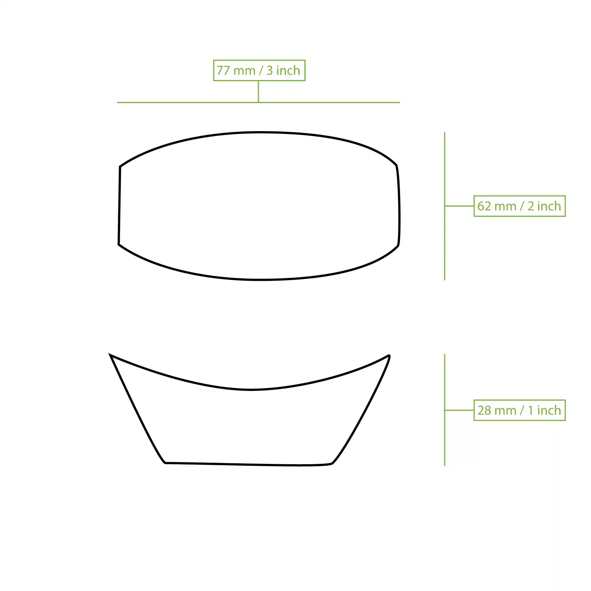 Dessin schématique d'un objet en forme de bateau avec des dimensions de 77 mm par 62 mm et 28 mm de hauteur.