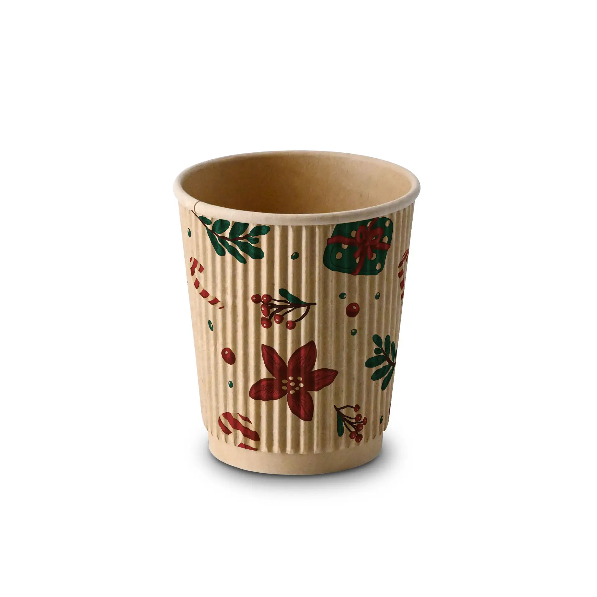 Gobelet ondulé marron avec design d'hiver, fleurs rouges, feuilles vertes et cannes en sucre, capacité de 200 ml.