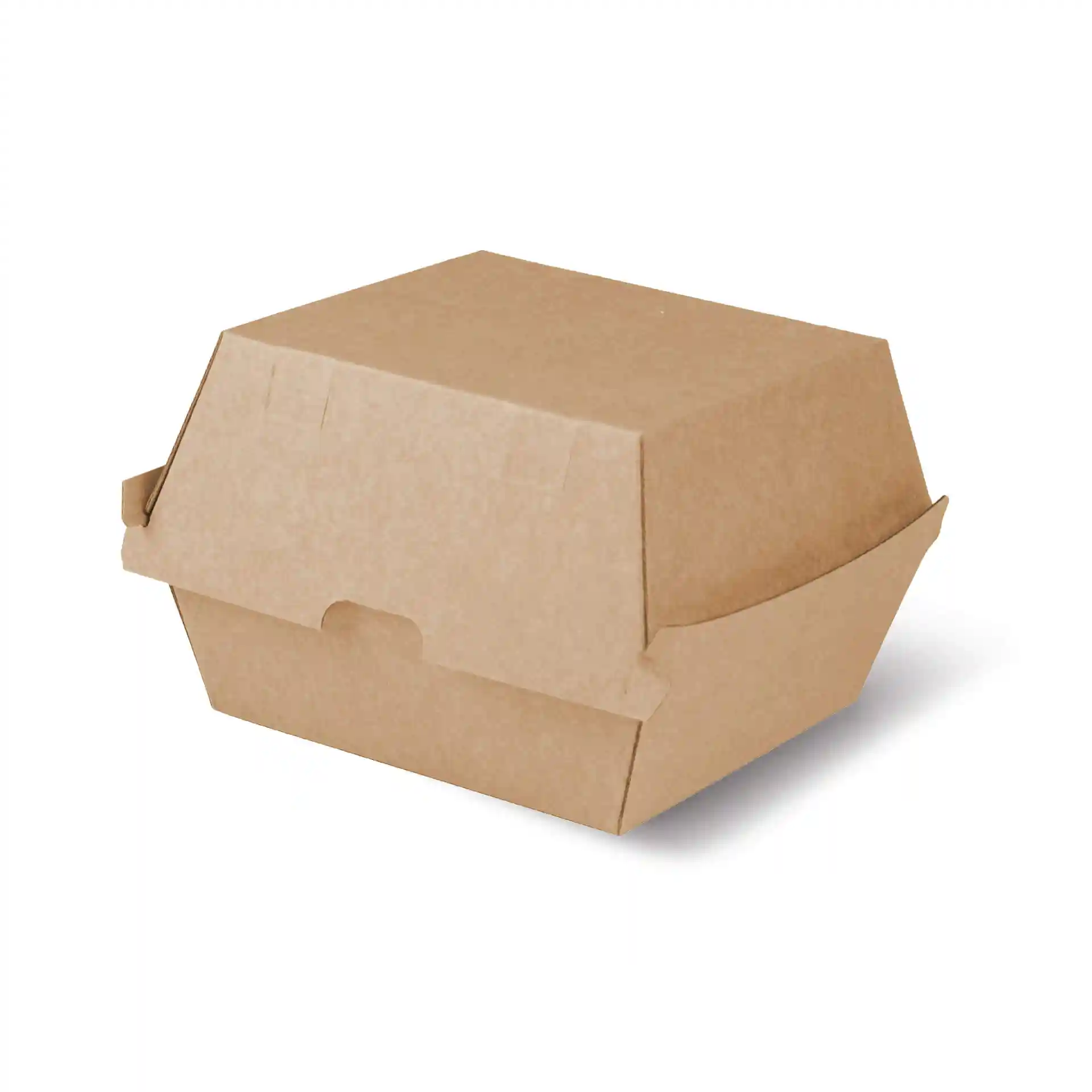 Boîte à burger en carton brun de forme carrée, mesurant 13 x 14 x 8 cm.
