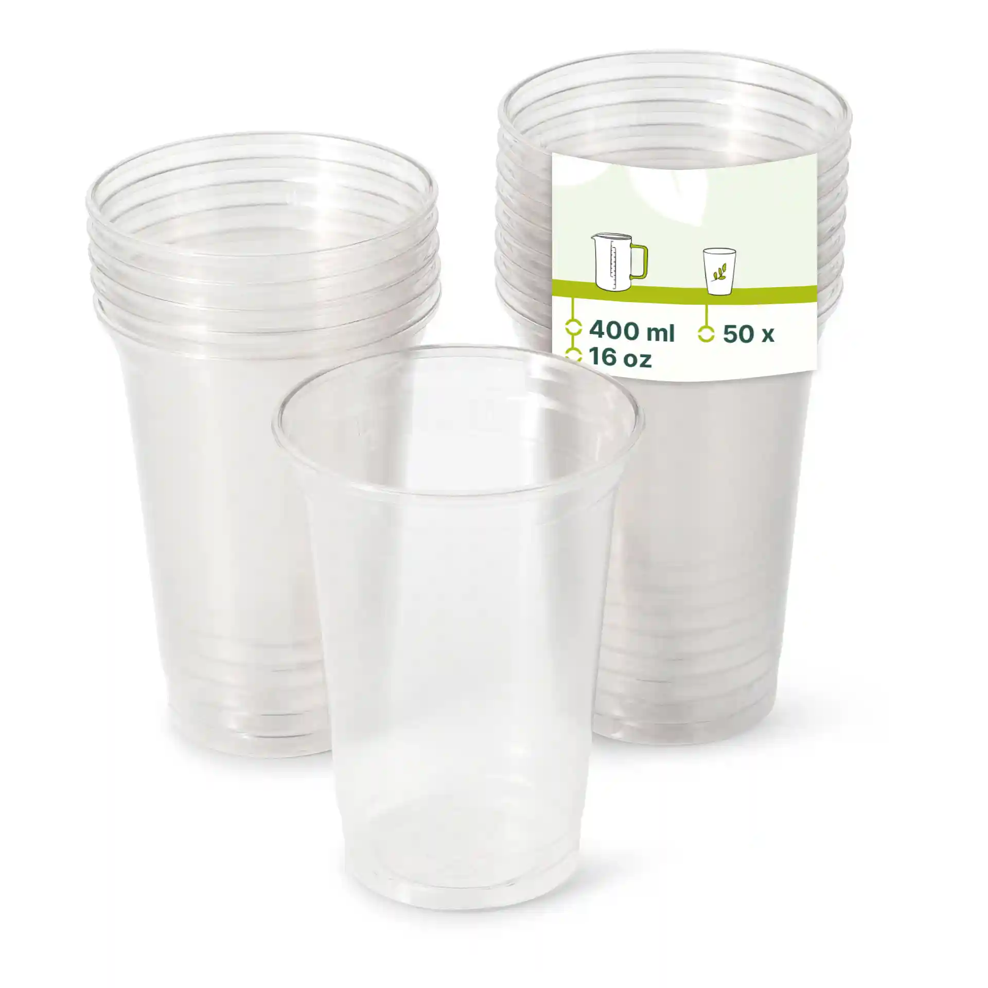 Gobelets transparents en rPET empilés, avec un gobelet devant et une étiquette indiquant une capacité de 400 ml et 50 unités.