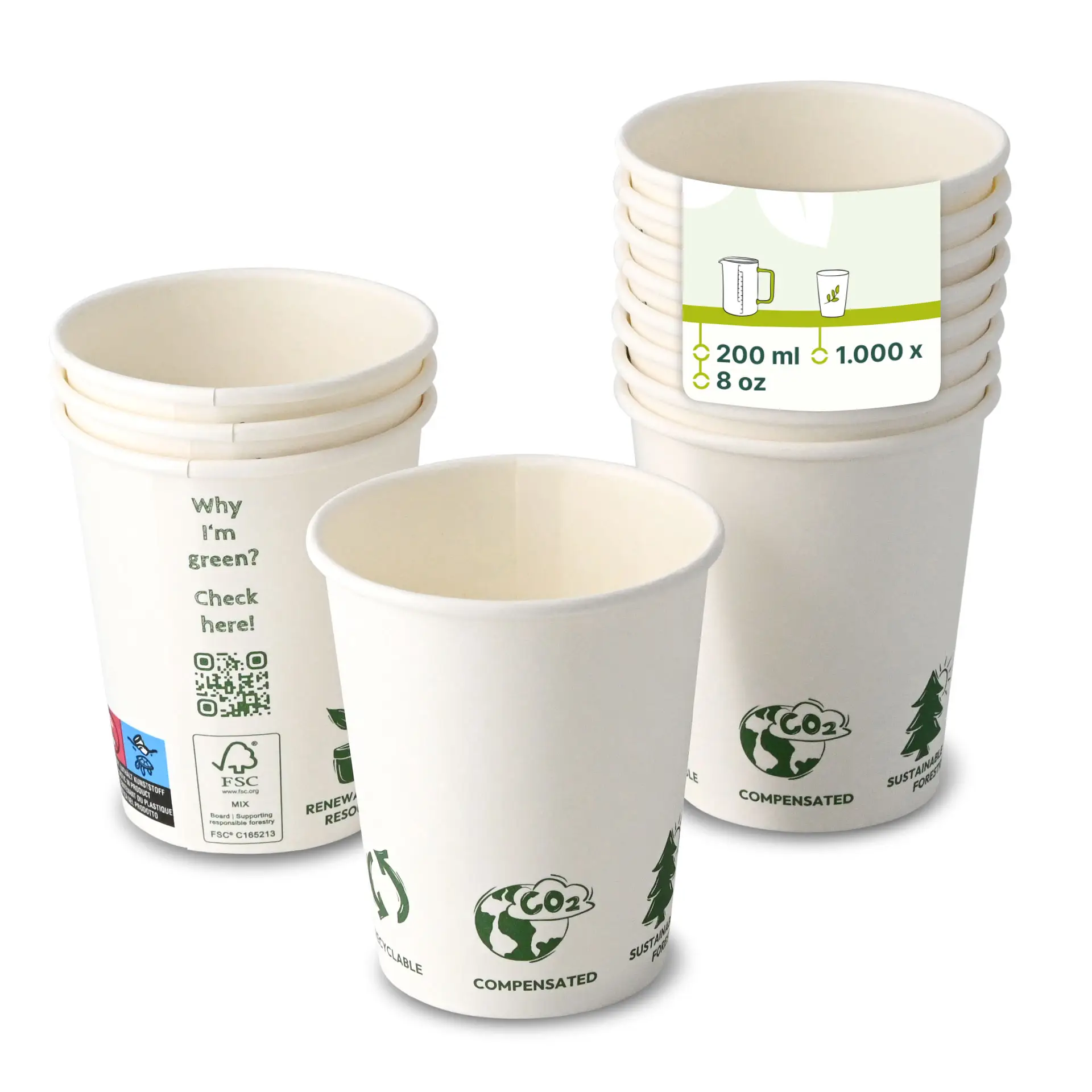 Gobelet en carton 200 ml / 8 oz, Ø 80 mm, avec pictogrammes "EcoUp©", simple paroi, blanc, revêtement en PLA