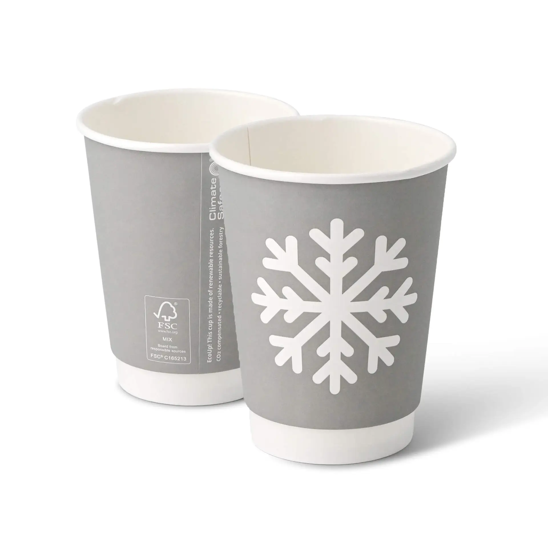 Gobelet en carton hiver à double paroi "Flocon de neige" gris 300 ml / 12 oz, Ø 90 mm