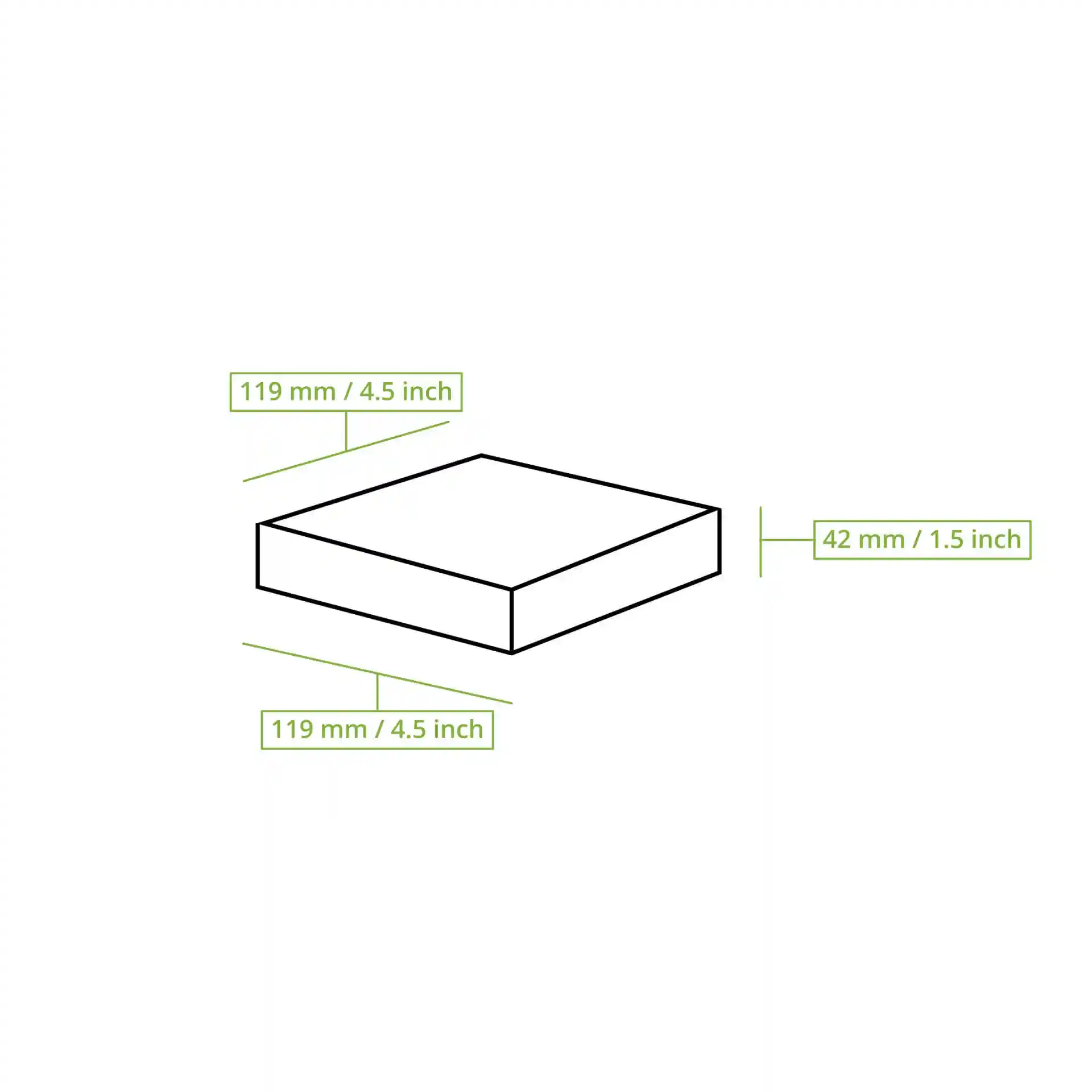 Dessin schématique d'une boîte rectangulaire avec des dimensions de 120 mm x 120 mm x 43 mm et une fenêtre en cellulose.