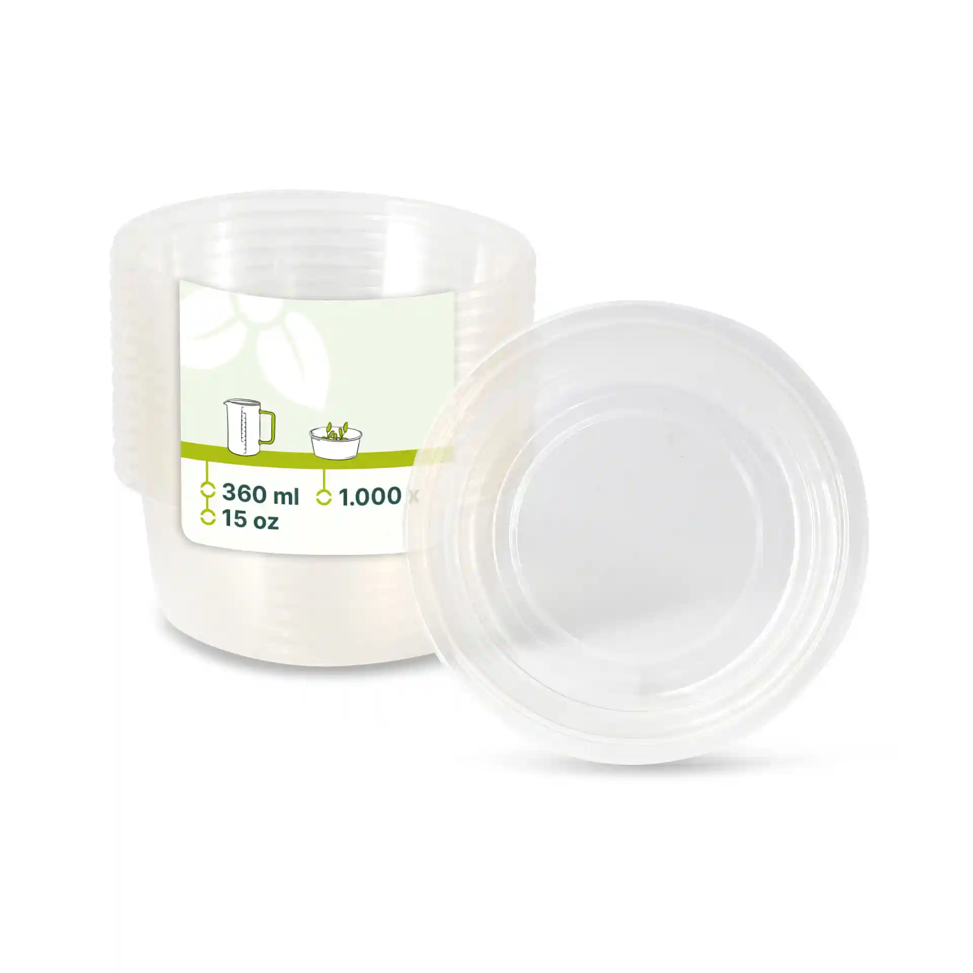 Conteneur rond transparent de 360 ml, montrant une étiquette avec des mesures et des illustrations.