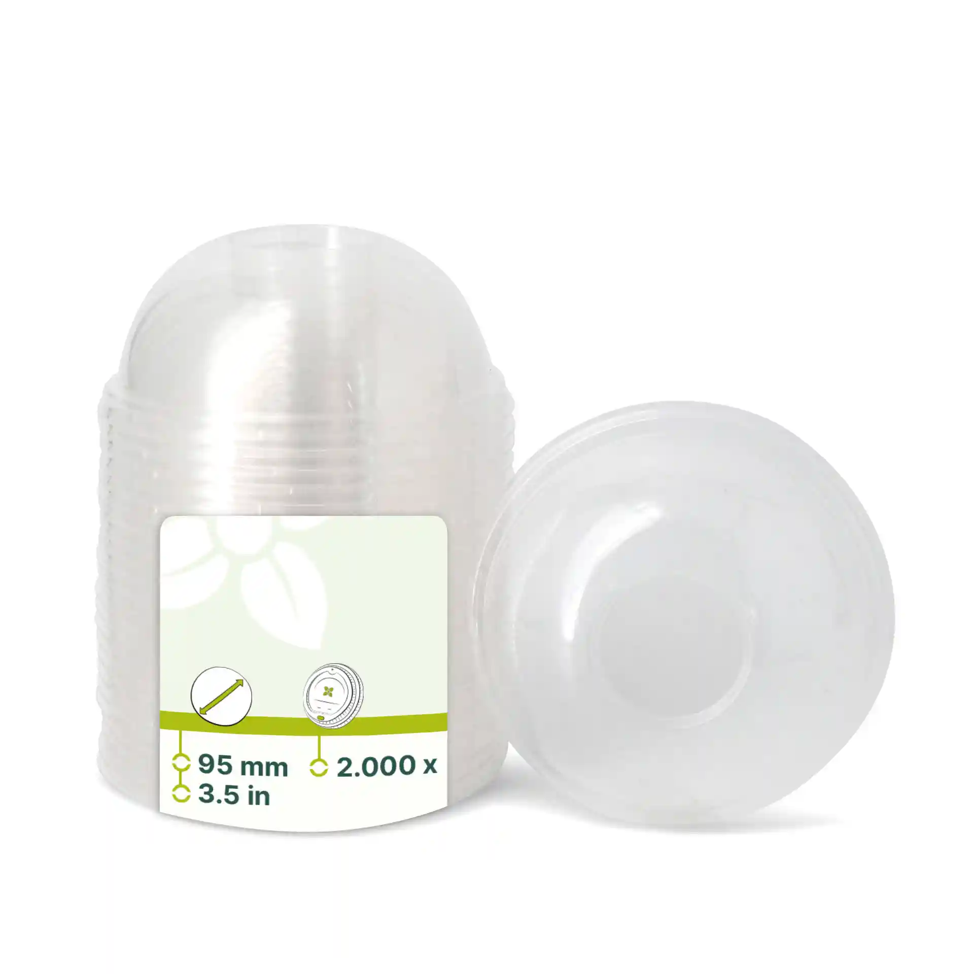 Couvercles en PLA transparent de 95 mm de diamètre, empilés avec un couvercle à côté.