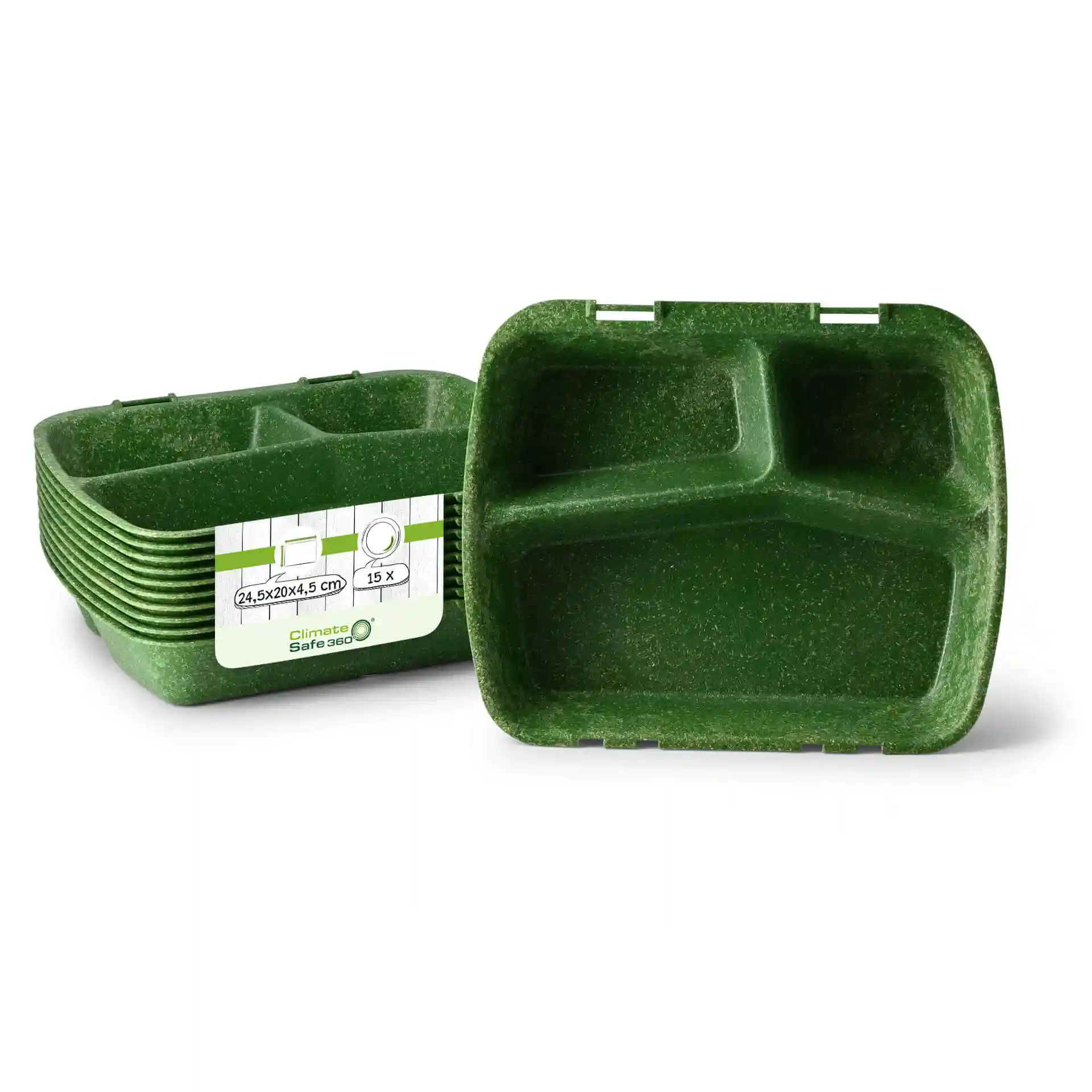 Conteneur de repas réutilisable avec trois compartiments, couleur verte, dimensions 24,5 x 20 x 4,5 cm.