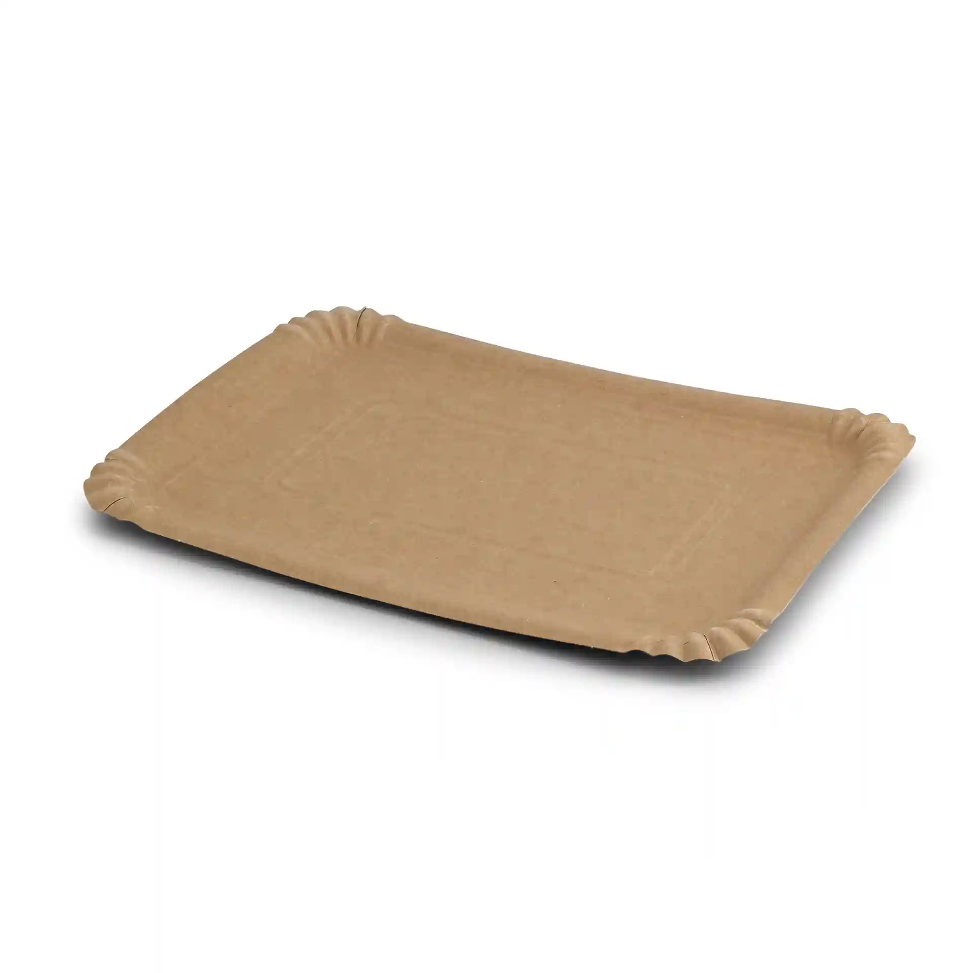 Assiette en carton rectangulaire marron, mesurant 18 x 26 cm, avec un design peu profond et sans revêtement.