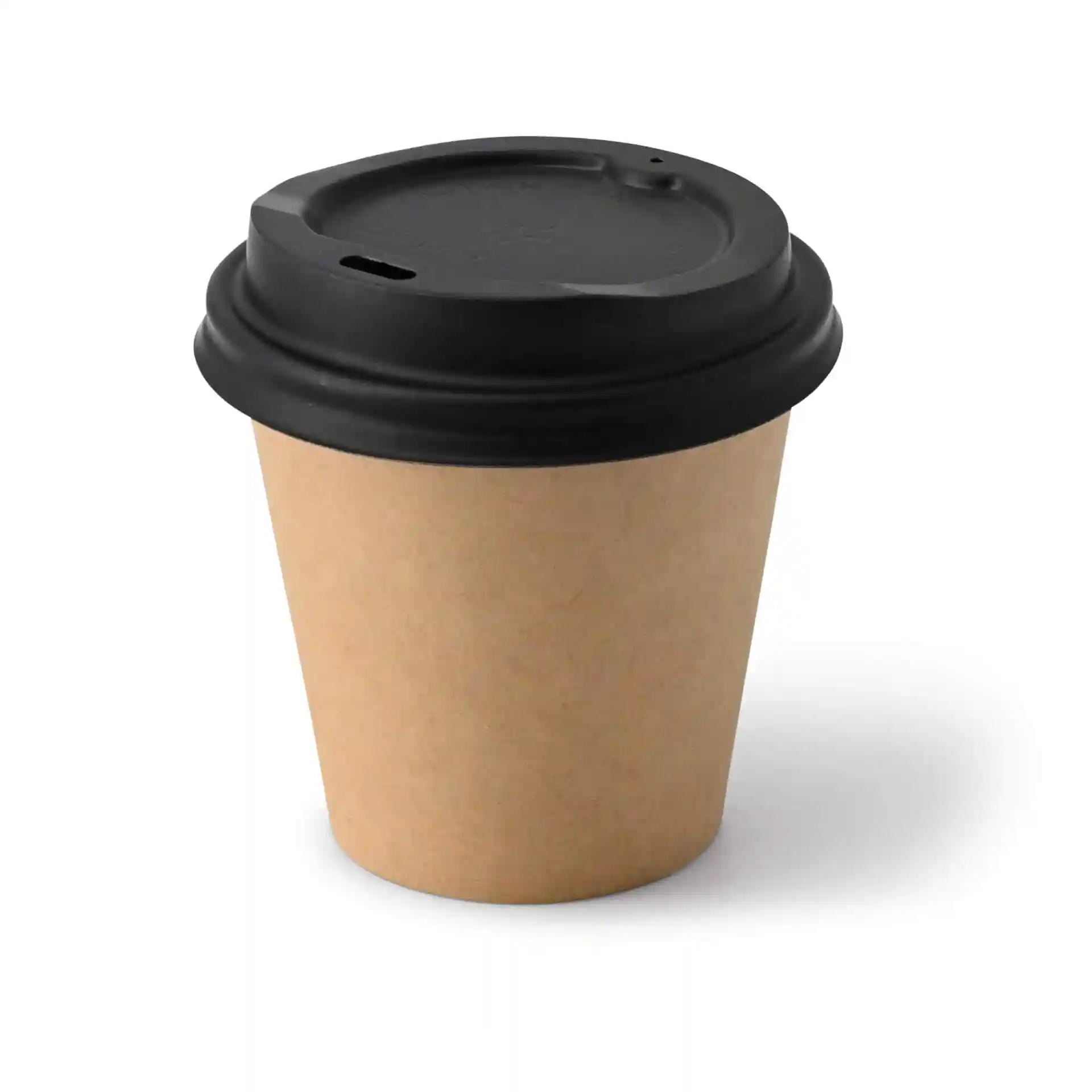 Gobelet en papier brun avec un couvercle noir, capacité de 6 oz, forme ronde.