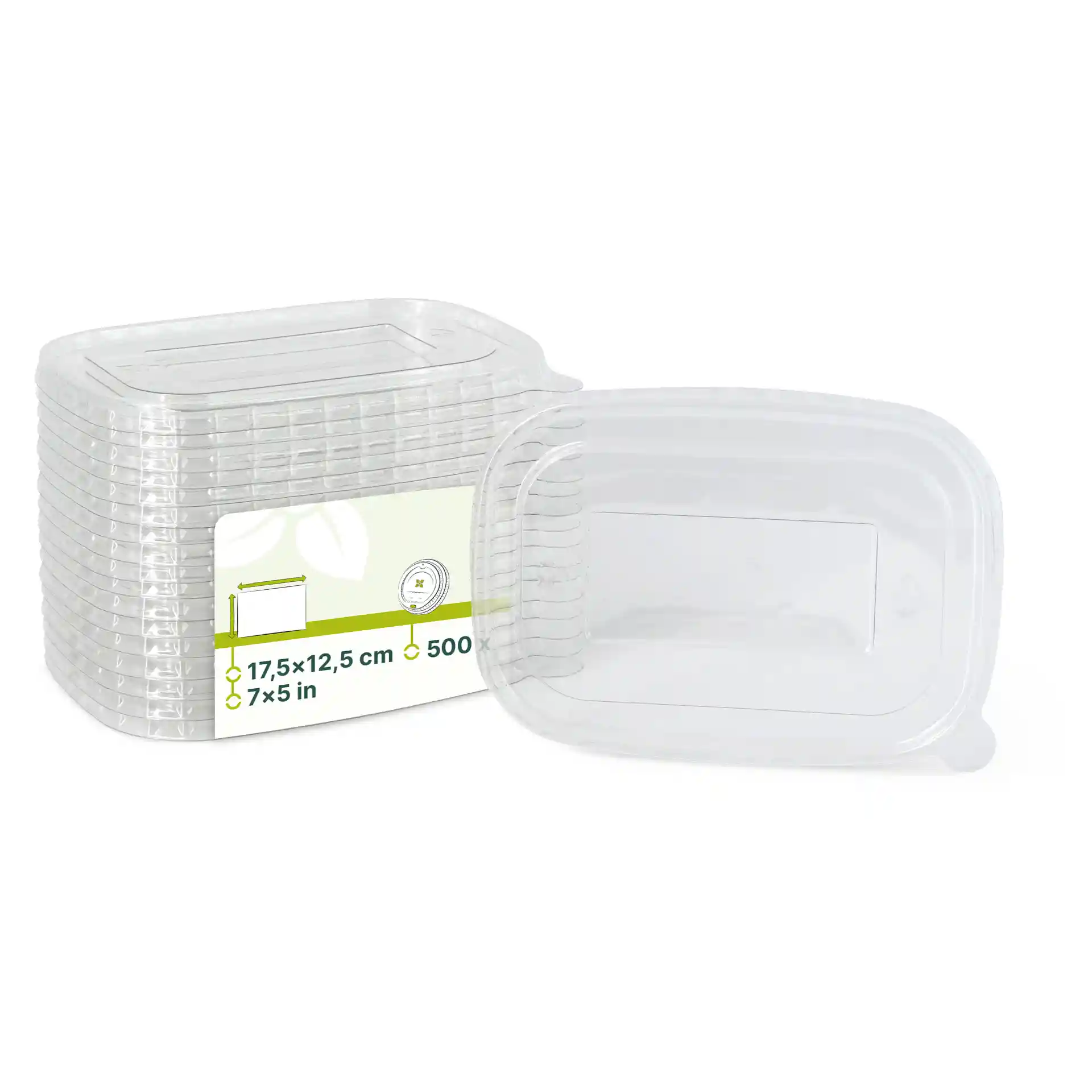 Empilement de couvercles rectangulaires rPET transparents mesurant 17,5 x 12,5 cm, avec un couvercle partiellement retiré.