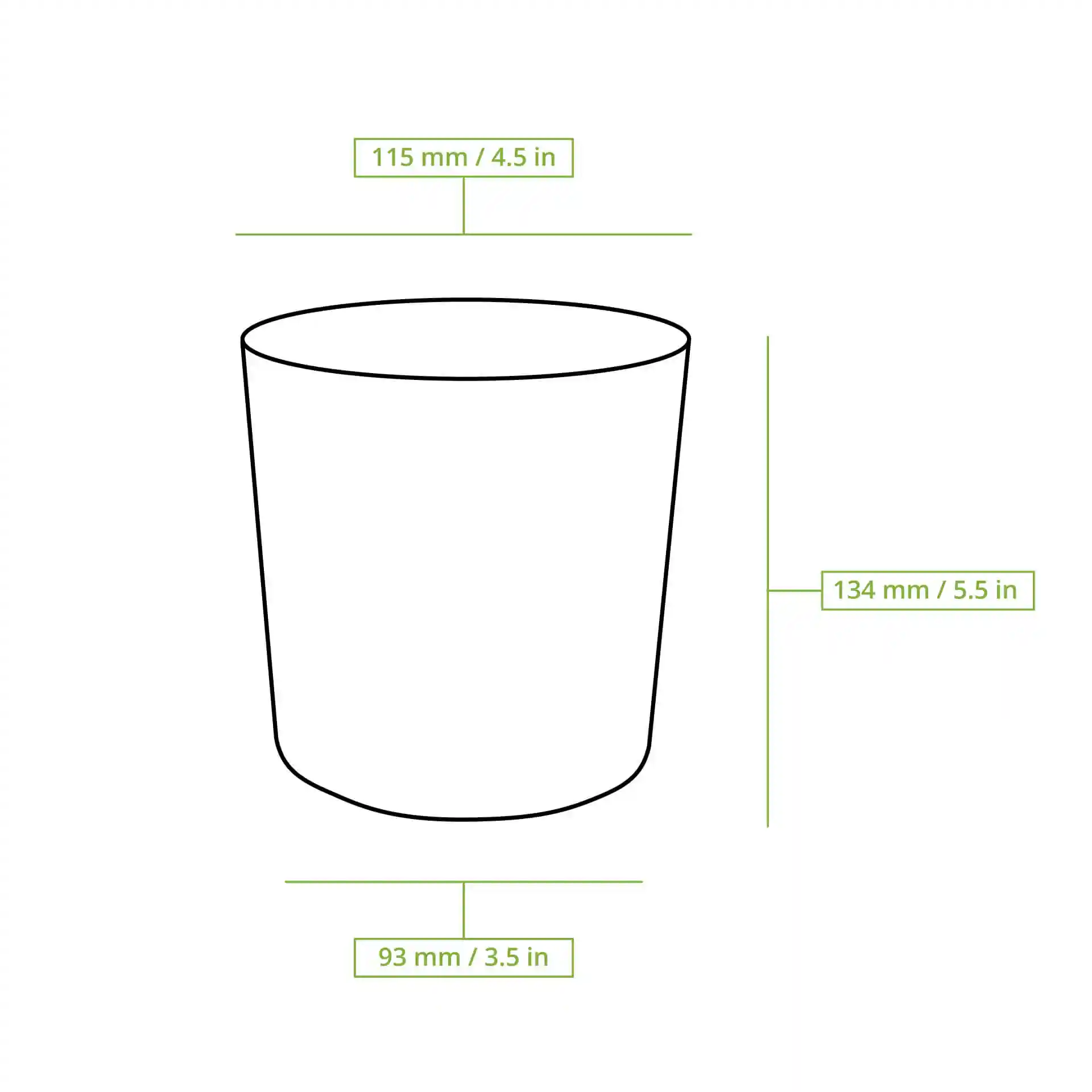 Dessin schématique d'un gobelet en carton rond pour soupe avec dimensions : hauteur 130 mm, diamètre 115 mm, diamètre de base 93 mm.