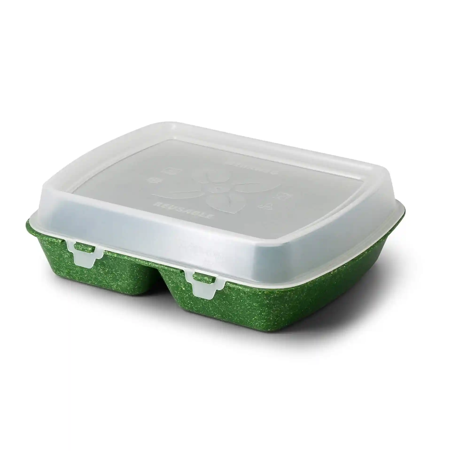 Conteneur de repas réutilisable avec une base verte et un couvercle transparent, comportant deux compartiments et un design floral sur le couvercle.