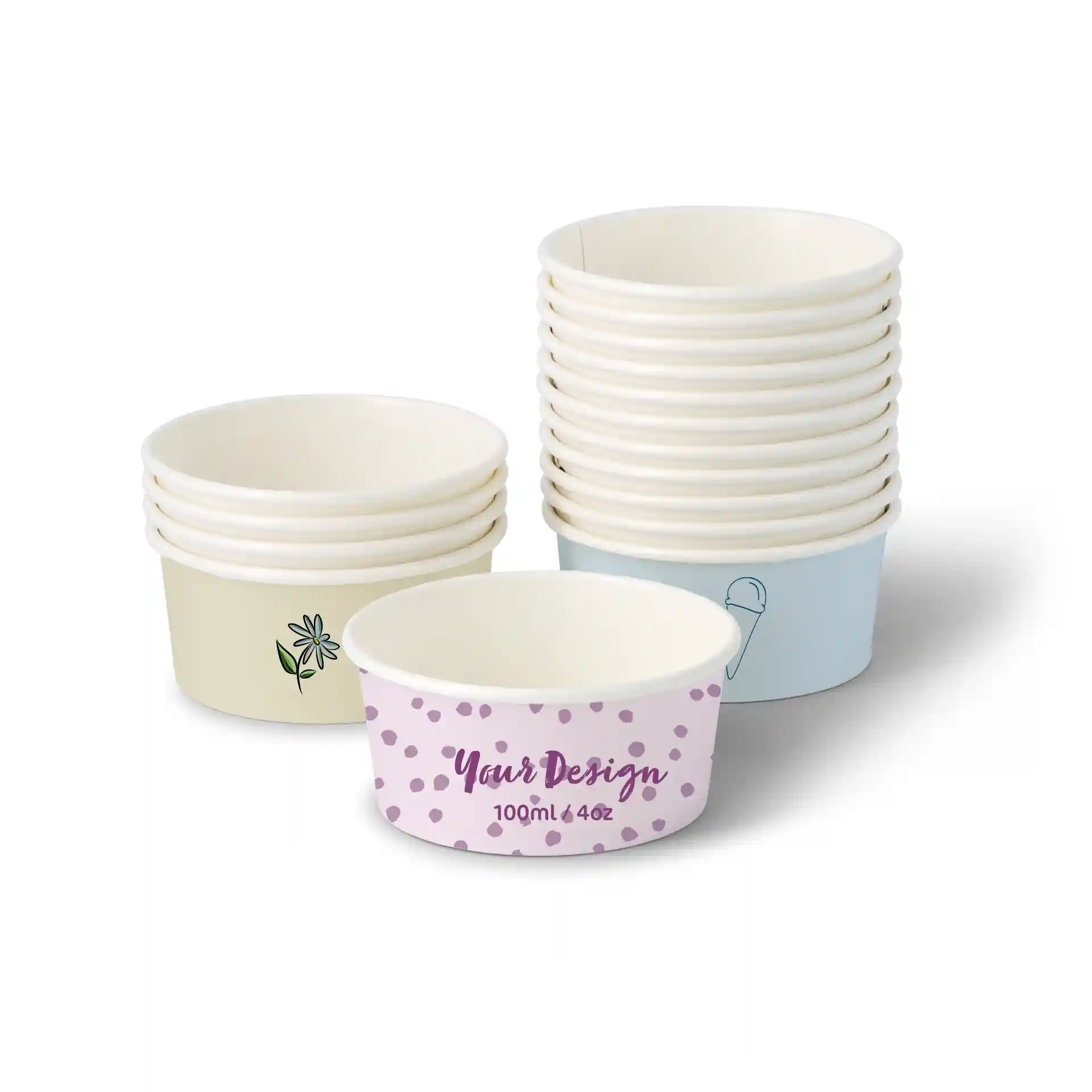 Cups en carton rond pour glace en blanc, avec un design à pois et une fleur, empilés avec plusieurs cups derrière.