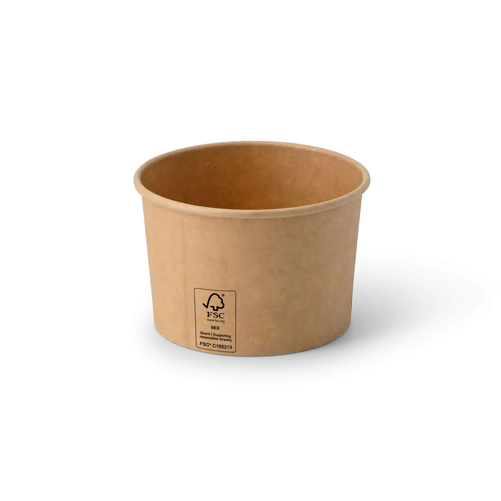 Gobelet en carton brun pour glace, capacité de 8 oz, forme ronde, avec une étiquette visible sur le côté.