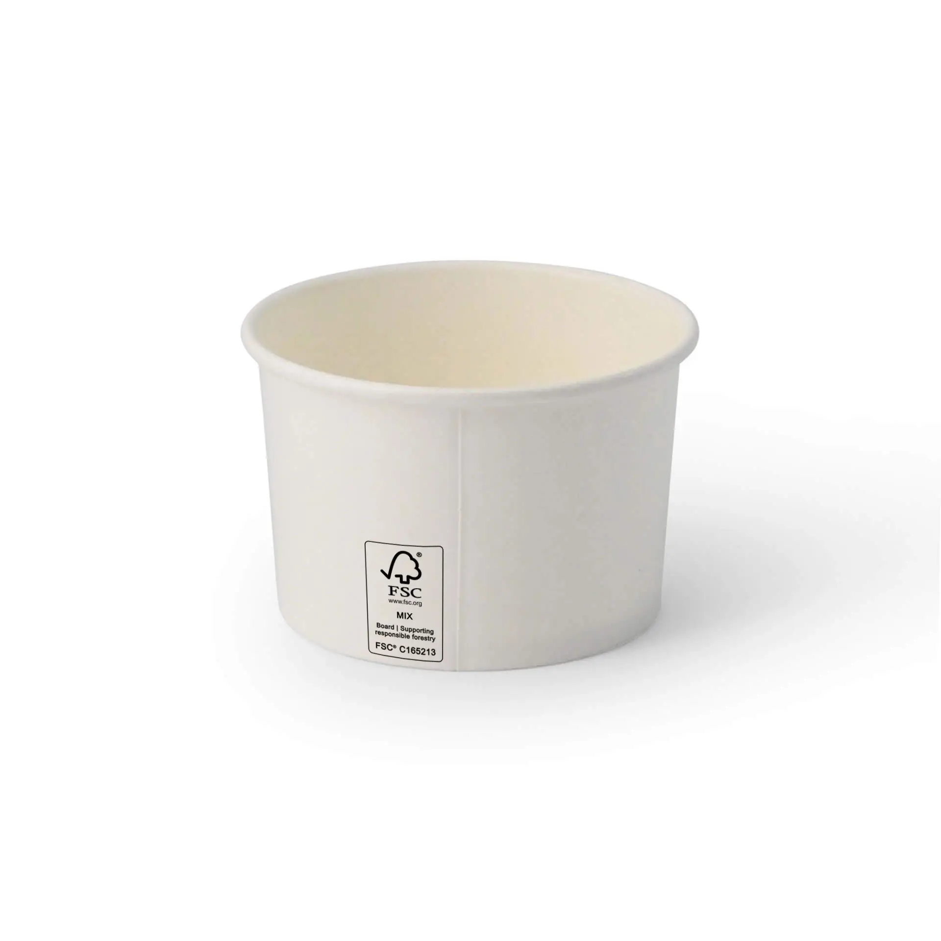 Gobelet en papier blanc pour glace avec revêtement en PE, capacité de 8 oz, avec un marquage FSC sur le côté.