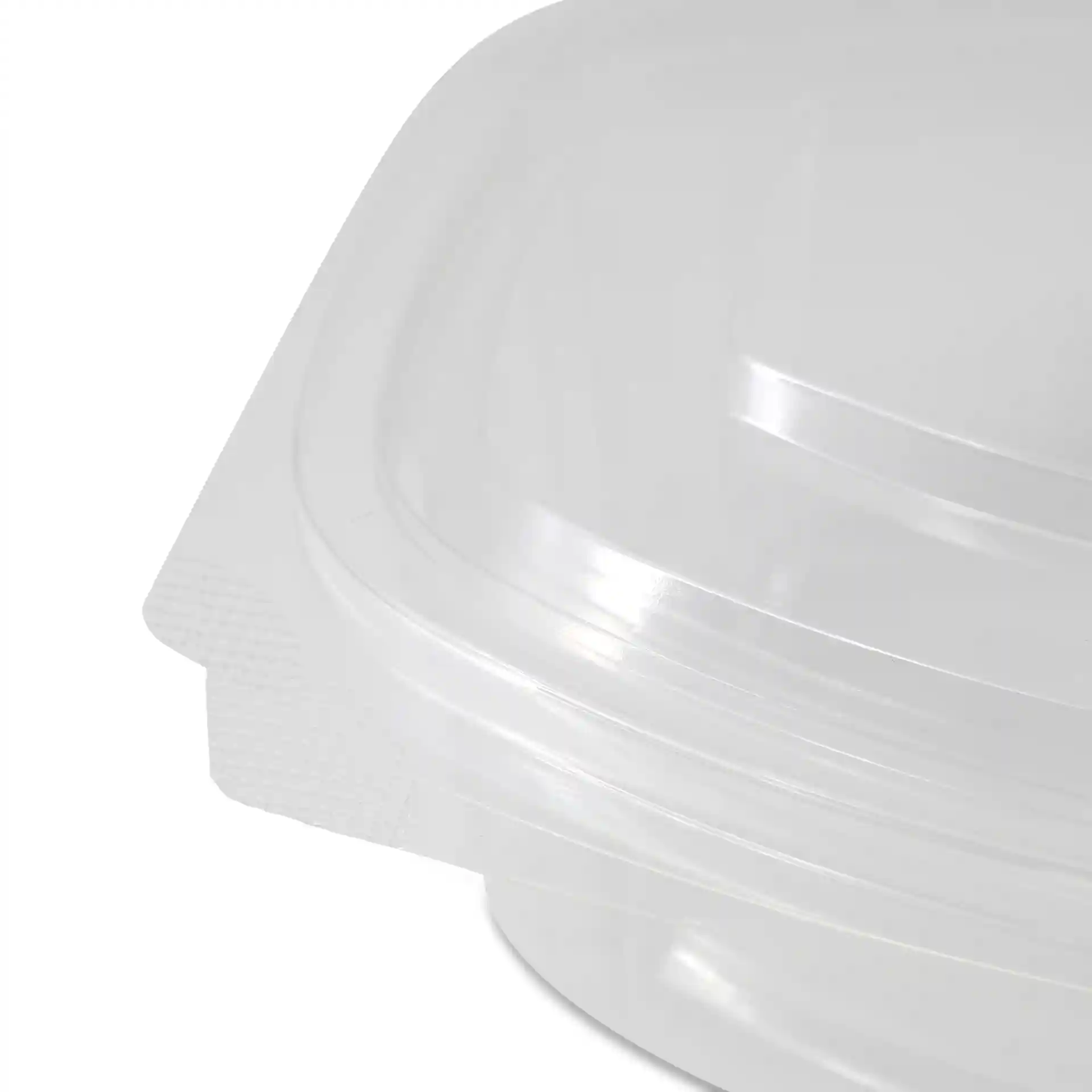 Bol rectangulaire en PLA transparent avec couvercle pliant, montrant les détails des bords et de la surface.