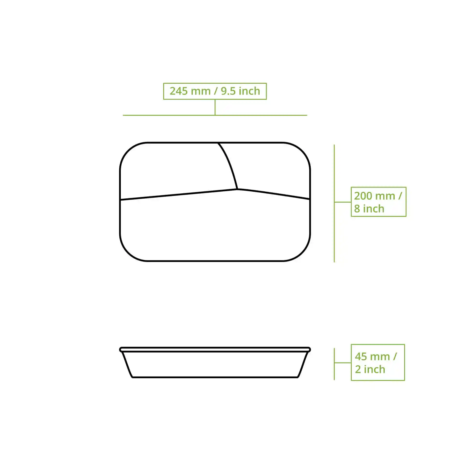 Dessin schématique d'un conteneur de repas réutilisable avec trois compartiments, dimensions de 245 mm par 200 mm par 45 mm.