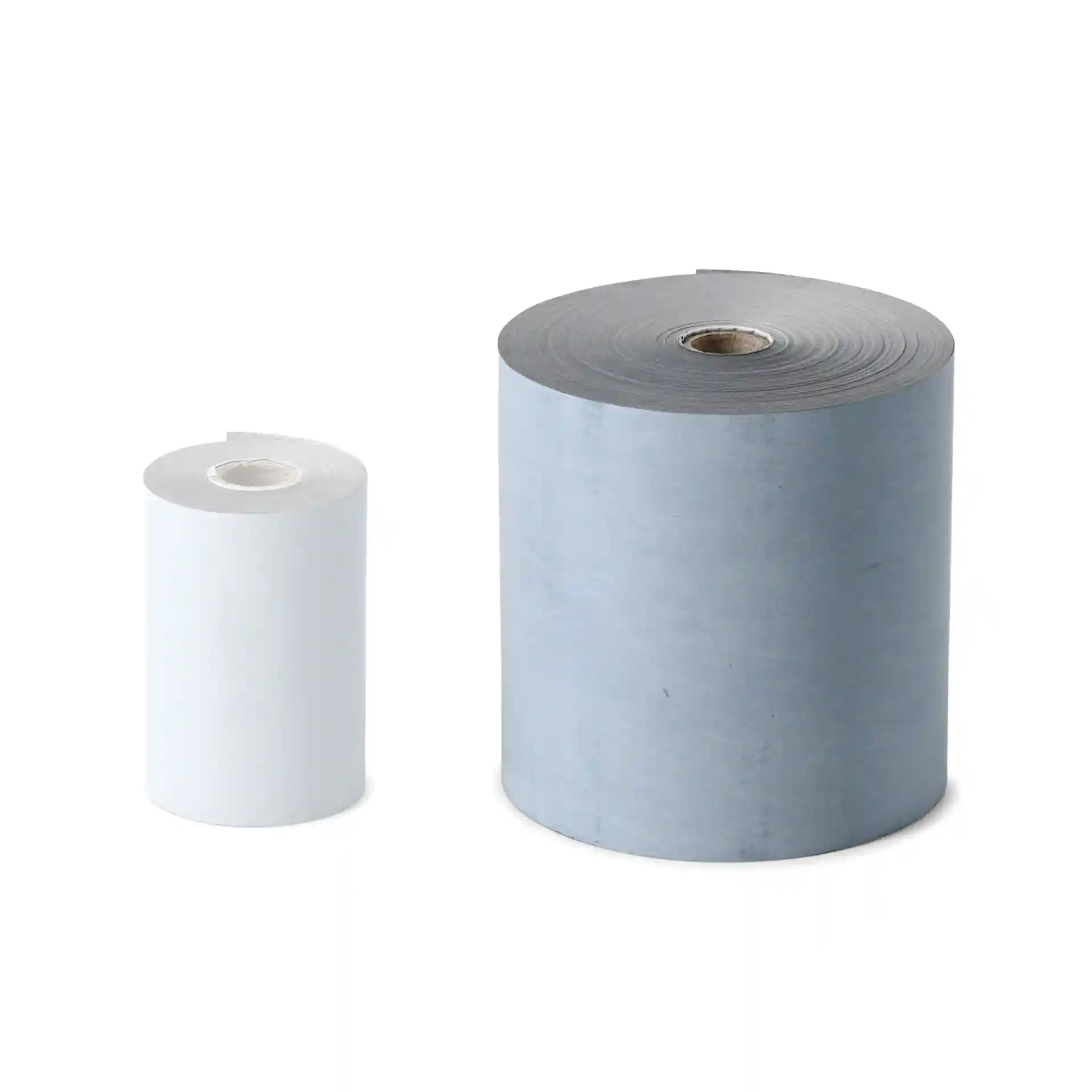 Image de deux rouleaux de papier thermique, l'un gris et plus grand, l'autre blanc et plus petit, tous deux avec des noyaux visibles.