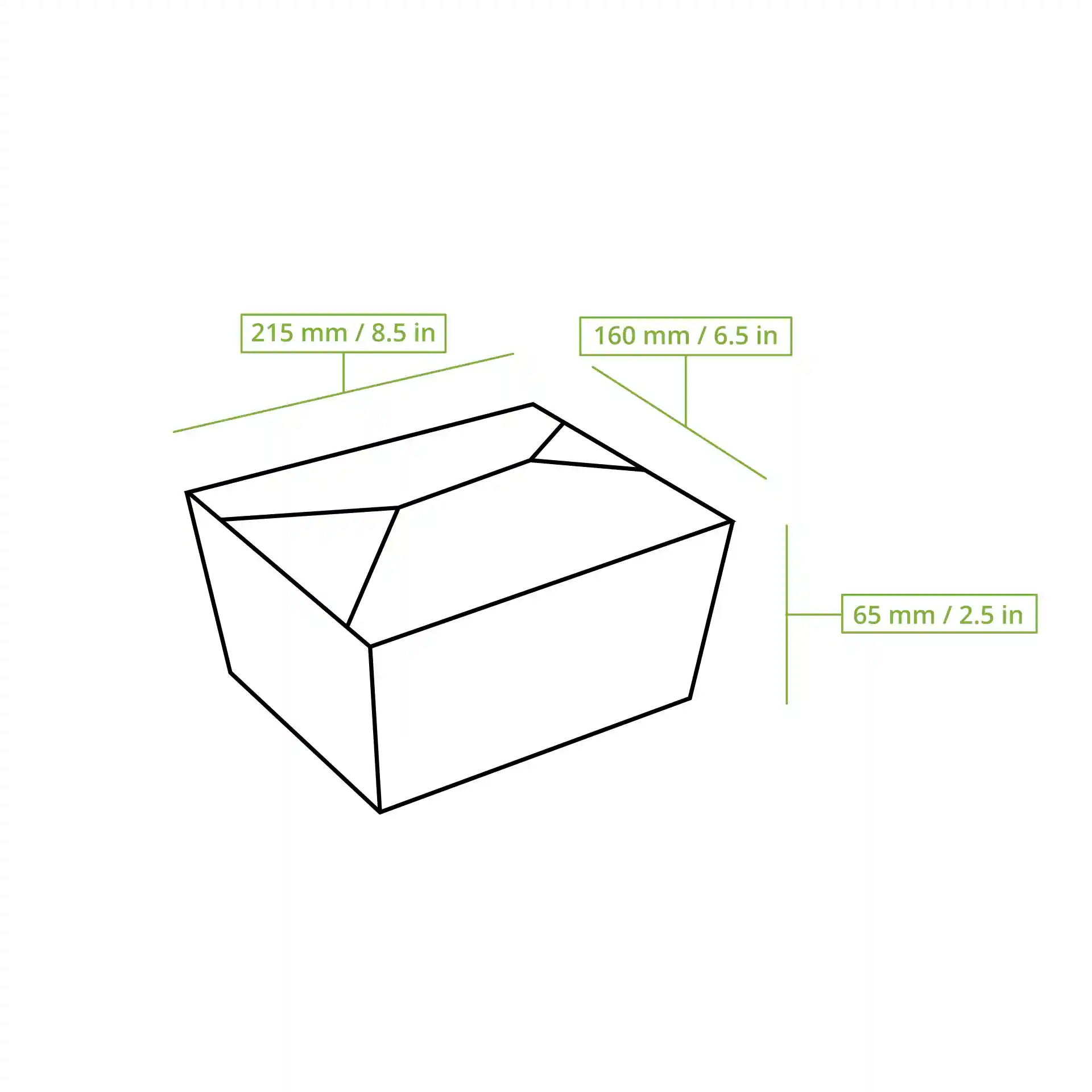 Dessin schématique d'un conteneur à emporter rectangulaire avec dimensions étiquetées : 215 mm de longueur, 160 mm de largeur et 65 mm de hauteur.