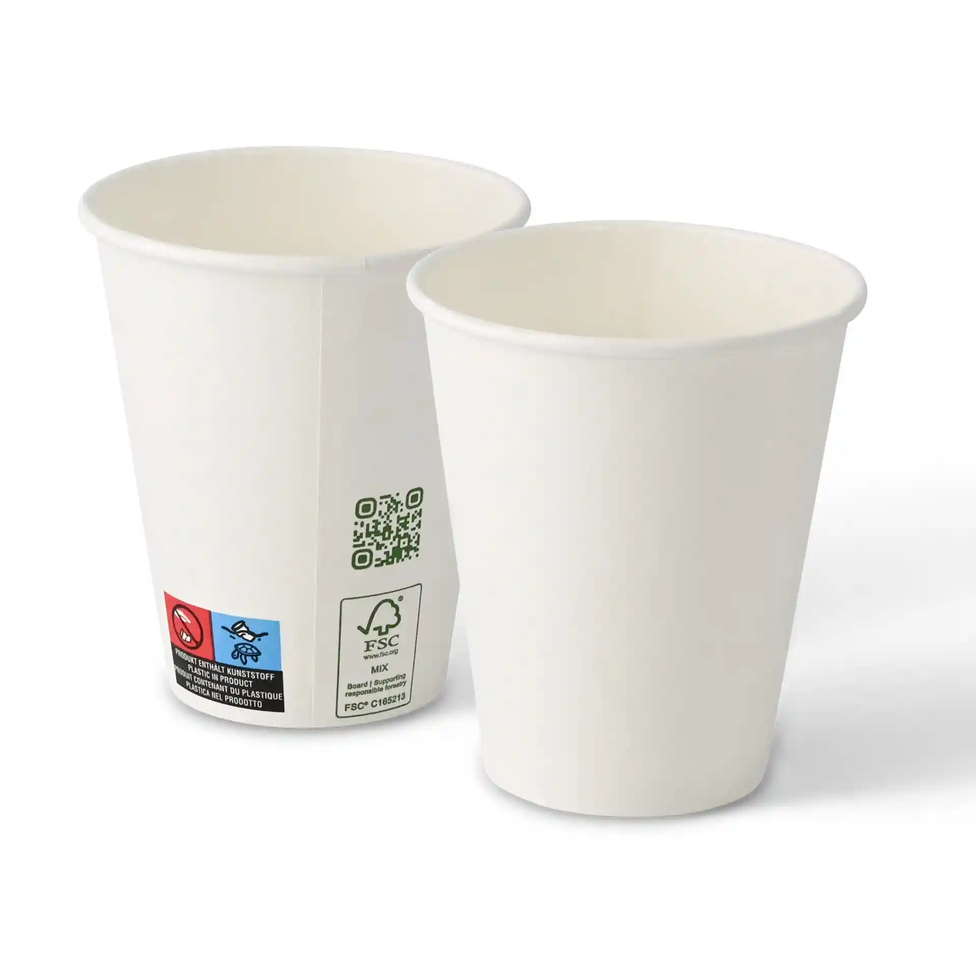 Gobelets en papier blanc à paroi simple, capacité de 250 ml et diamètre de 90 mm, montrés de côté.