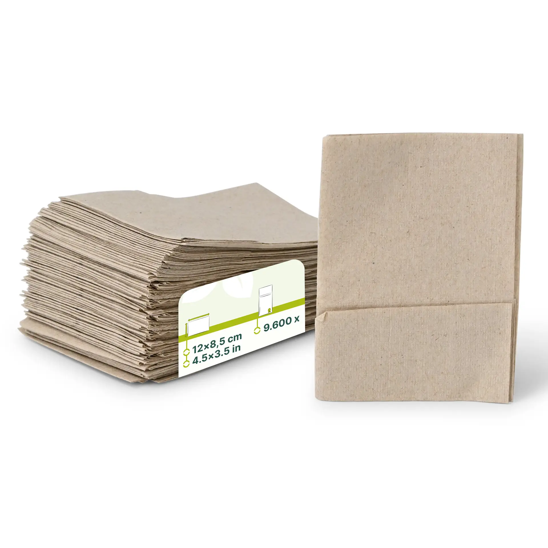 Empilement de serviettes rectangulaires non blanchies en rPaper, avec une étiquette indiquant les dimensions et un symbole de recyclage.