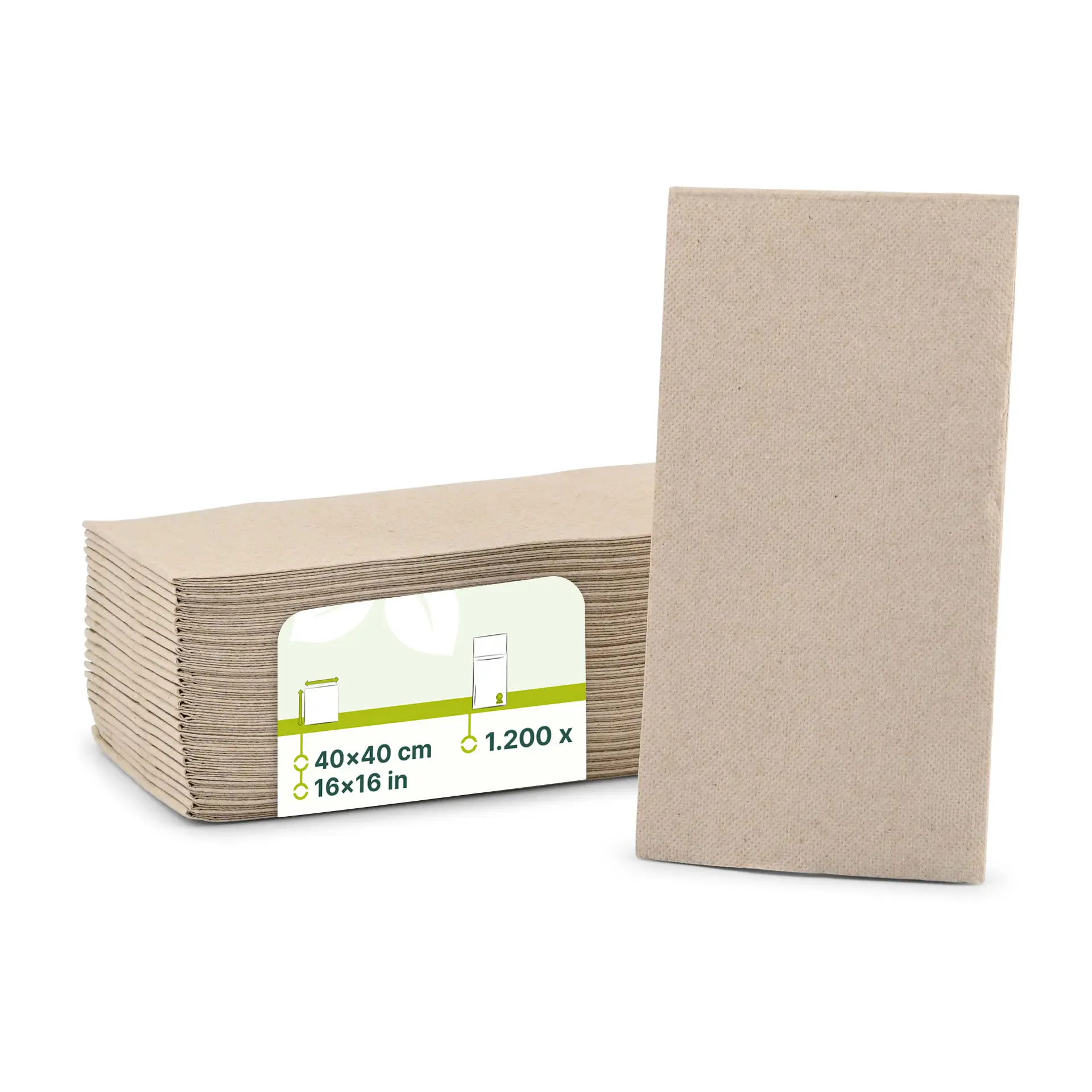 Empilement de serviettes en papier recyclé non blanchi, 2 plis, 40 x 40 cm, forme rectangulaire avec étiquette de packaging visible.