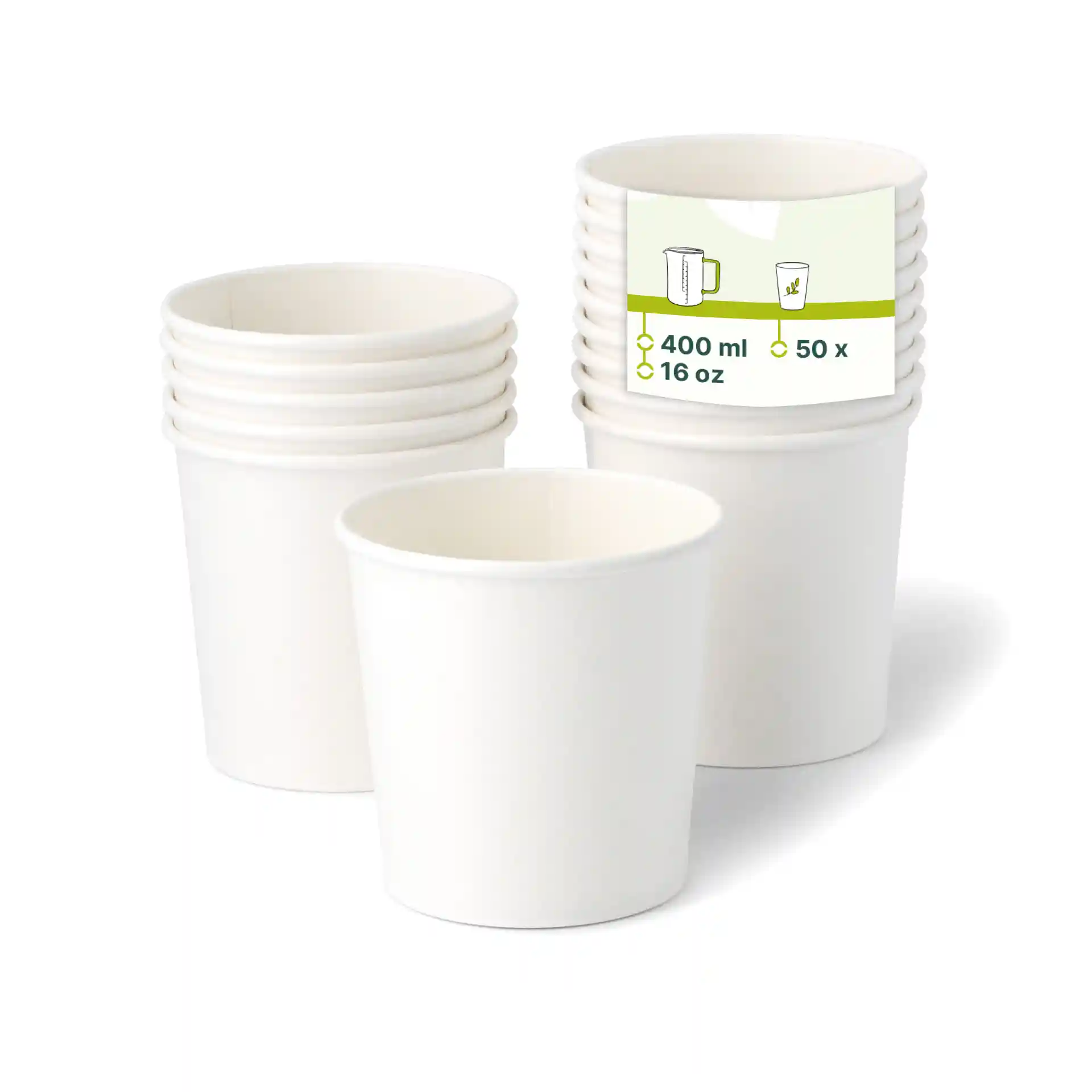 Des pots de crème glacée en papier blanc empilés, avec un pot devant montrant une étiquette avec des détails de volume.