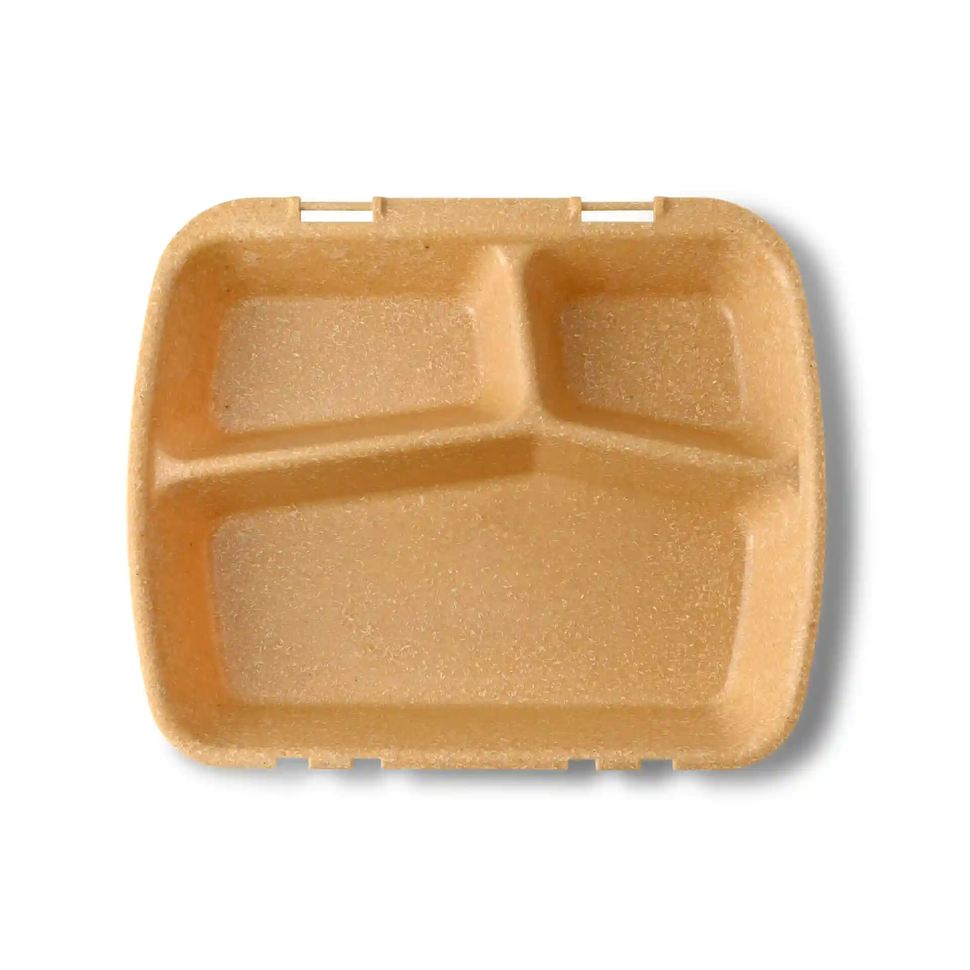 Conteneur de repas réutilisable marron avec trois compartiments, mesurant 24,5 x 20 x 4,5 cm.