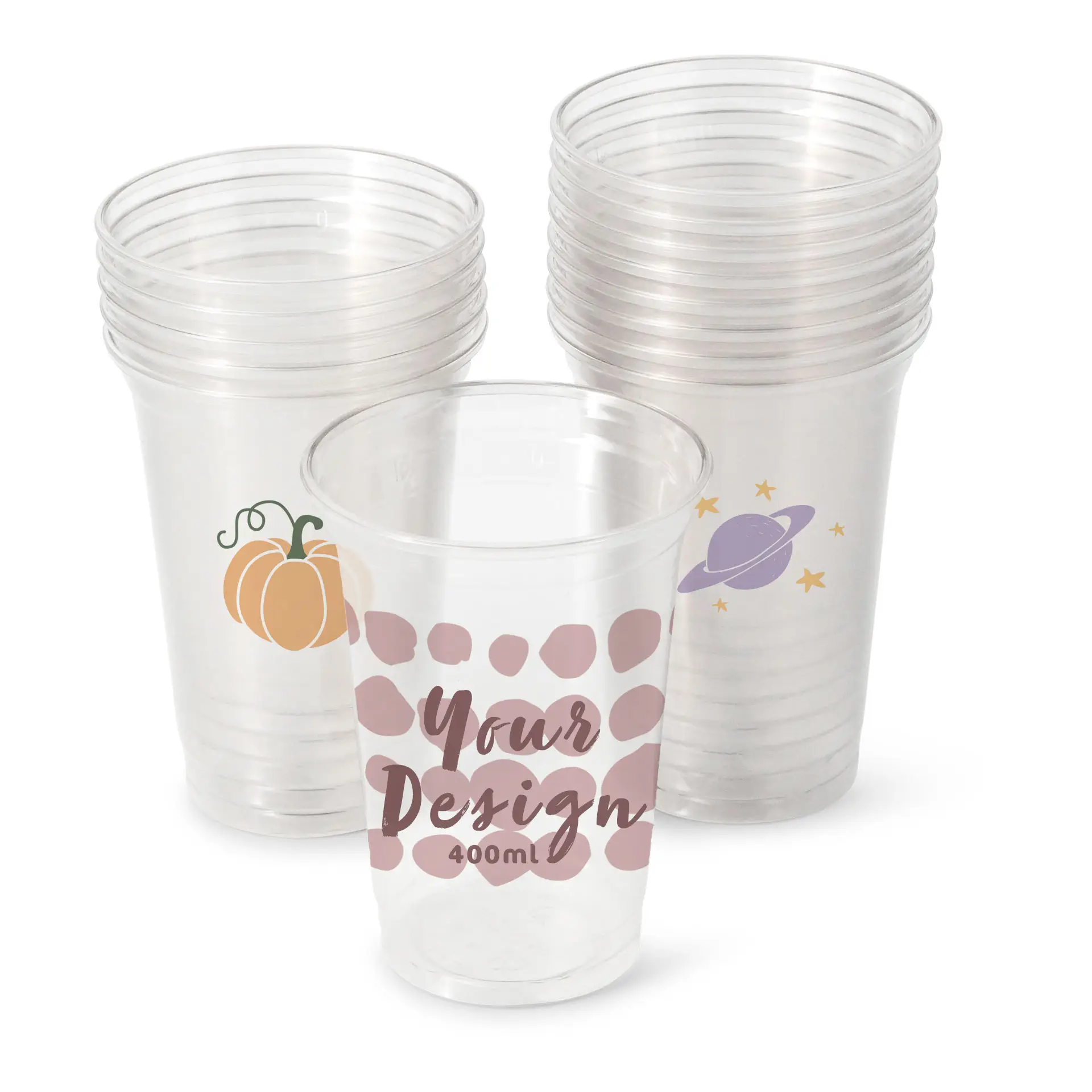 Un gobelet rPET clair de 16 oz affichant un design disant "Votre Design", entouré de plusieurs gobelets empilés similaires avec des graphiques différents.