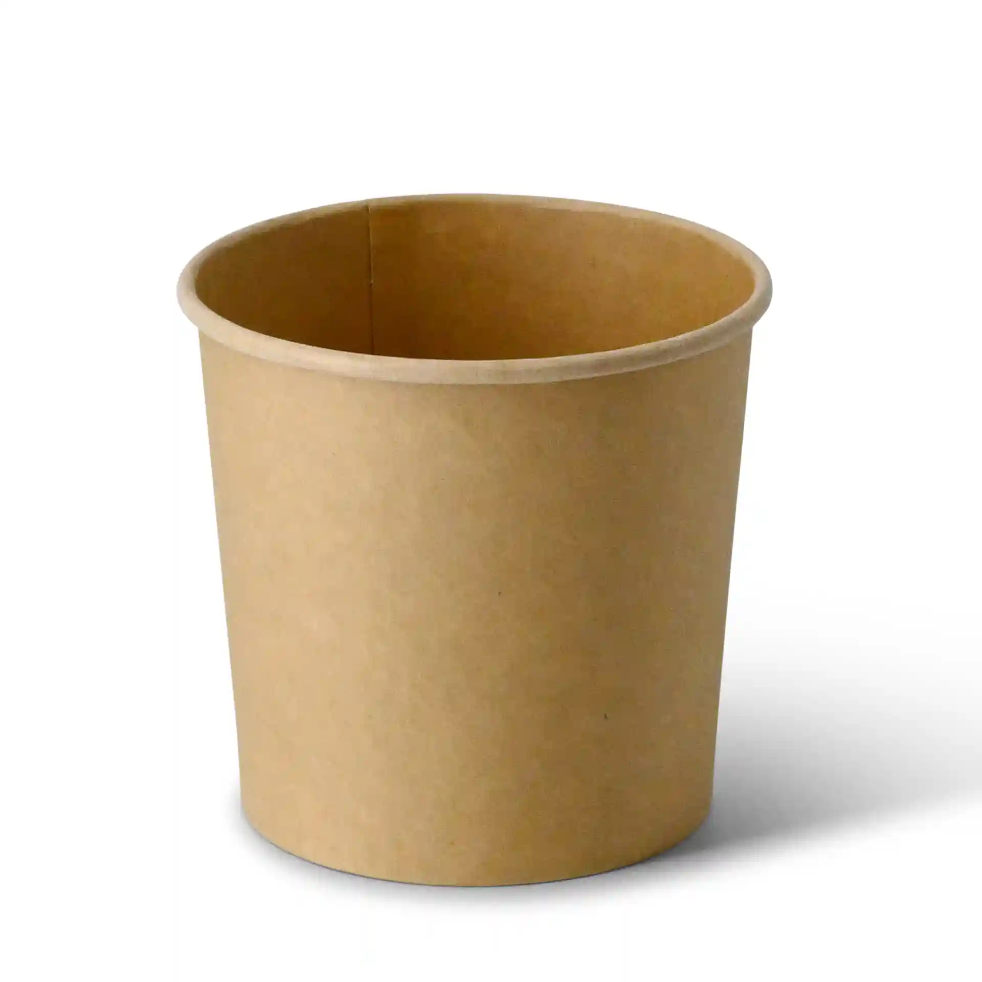 Gobelet en carton brun pour soupe, rond, capacité de 600 ml, dimensions de 108 mm de hauteur et 115 mm de diamètre.