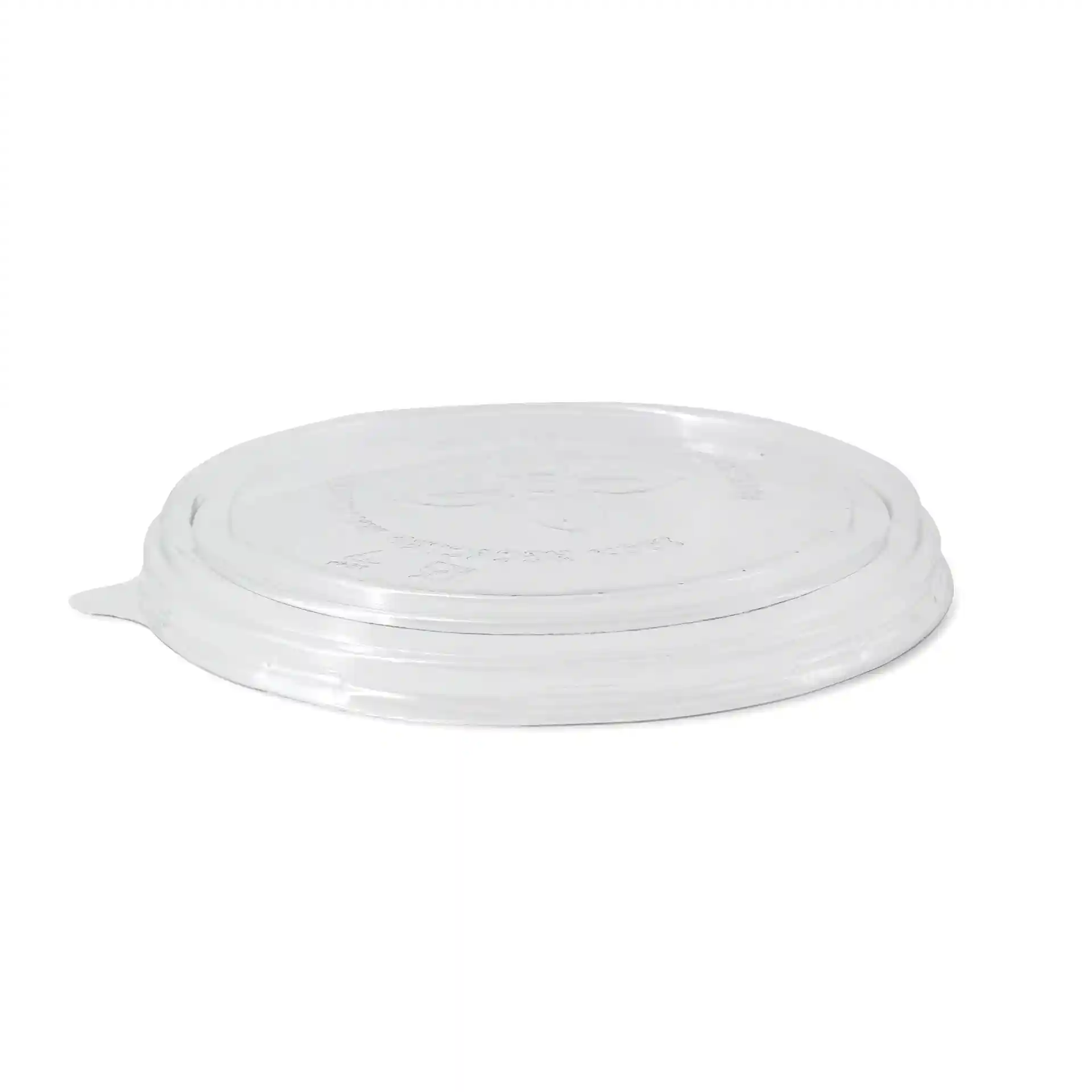Couvercle rond transparent en rPET, d'un diamètre de 150 mm, vu de côté.