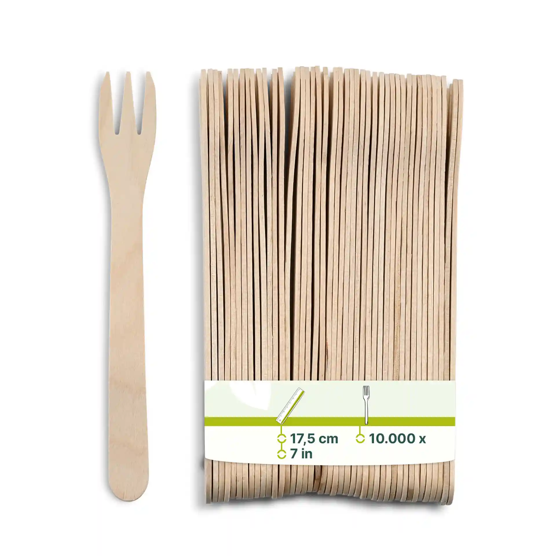Fourchette en bois à trois dents, 17,5 cm de long, à côté d'un paquet de fourchettes similaires sur fond blanc.
