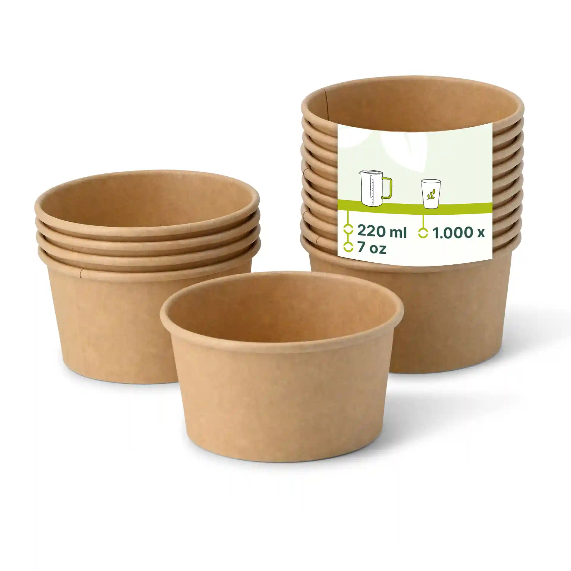 Empilement de gobelets en carton marron avec une étiquette indiquant une capacité de 220 ml et des dimensions, sur fond blanc.