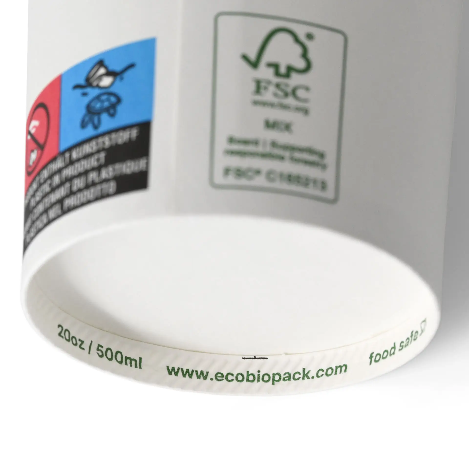 Gobelet en papier blanc à paroi simple, 500 ml, avec revêtement en PLA, présente des étiquettes avec des symboles de recyclage et des marquages de sécurité alimentaire.