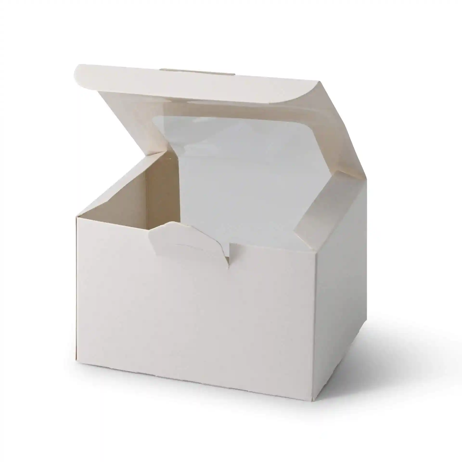 Boîte à pâtisserie blanche avec couvercle ouvert, dimensions 13 x 11 x 8 cm, avec fenêtre en cellulose.