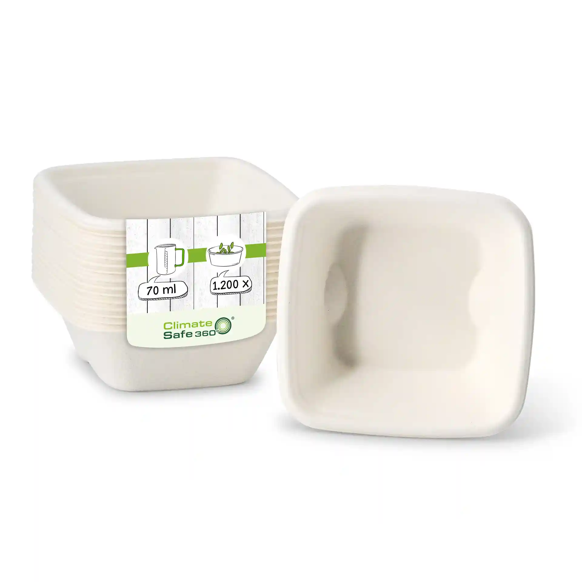 Gobelets portion en bagasse blancs carrés, 70 ml, présentés avec une étiquette indiquant les détails du produit.