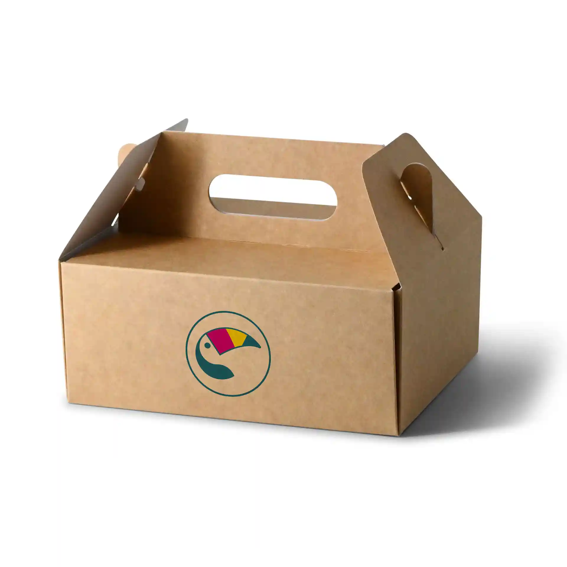 Boîte à gâteau en carton brun personnalisée avec poignée, mesurant 21 x 16 x 9 cm, avec un design de logo circulaire.