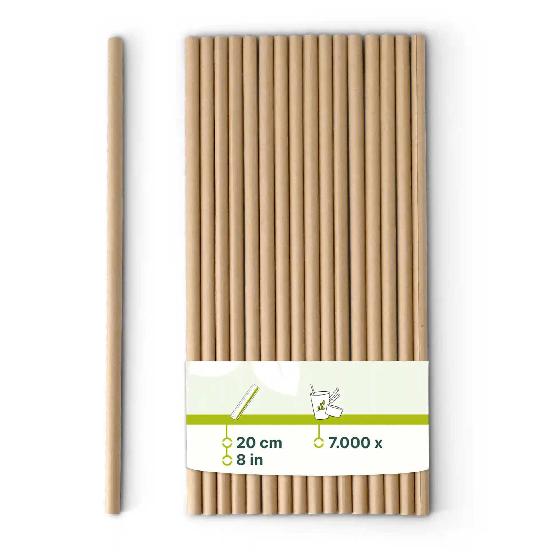 Pailles en papier marron, longues de 20 cm et larges de 0,6 cm, disposées verticalement avec une étiquette montrant les détails du produit.
